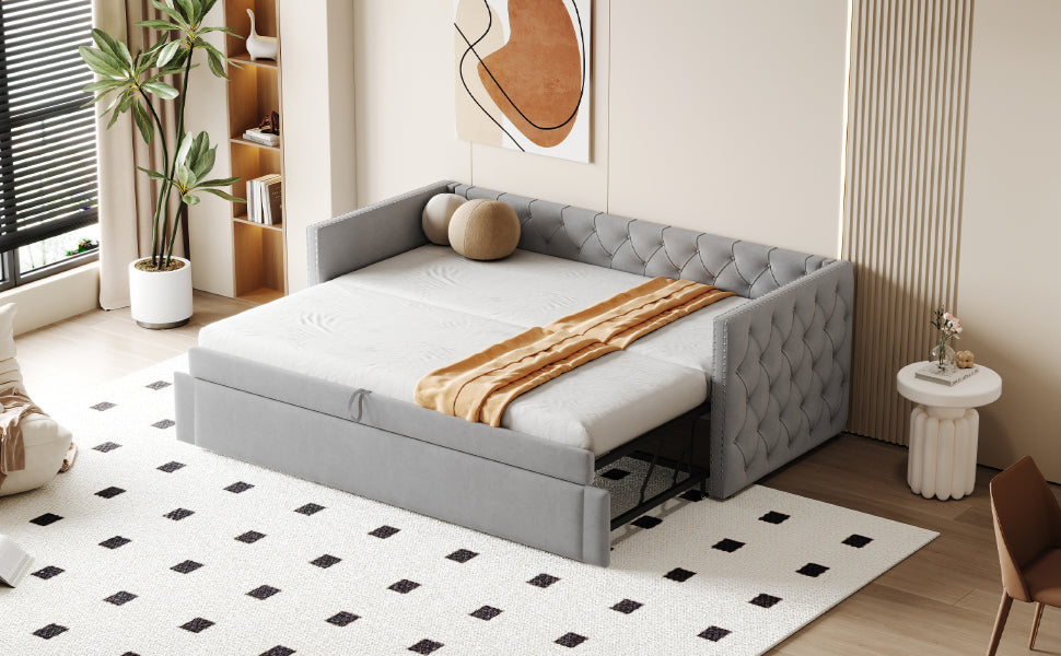 Upholstered Bed, Pull-Out Sofa Bed, 90x200cm, Classic, Guest Bed, Light Grey Velvet