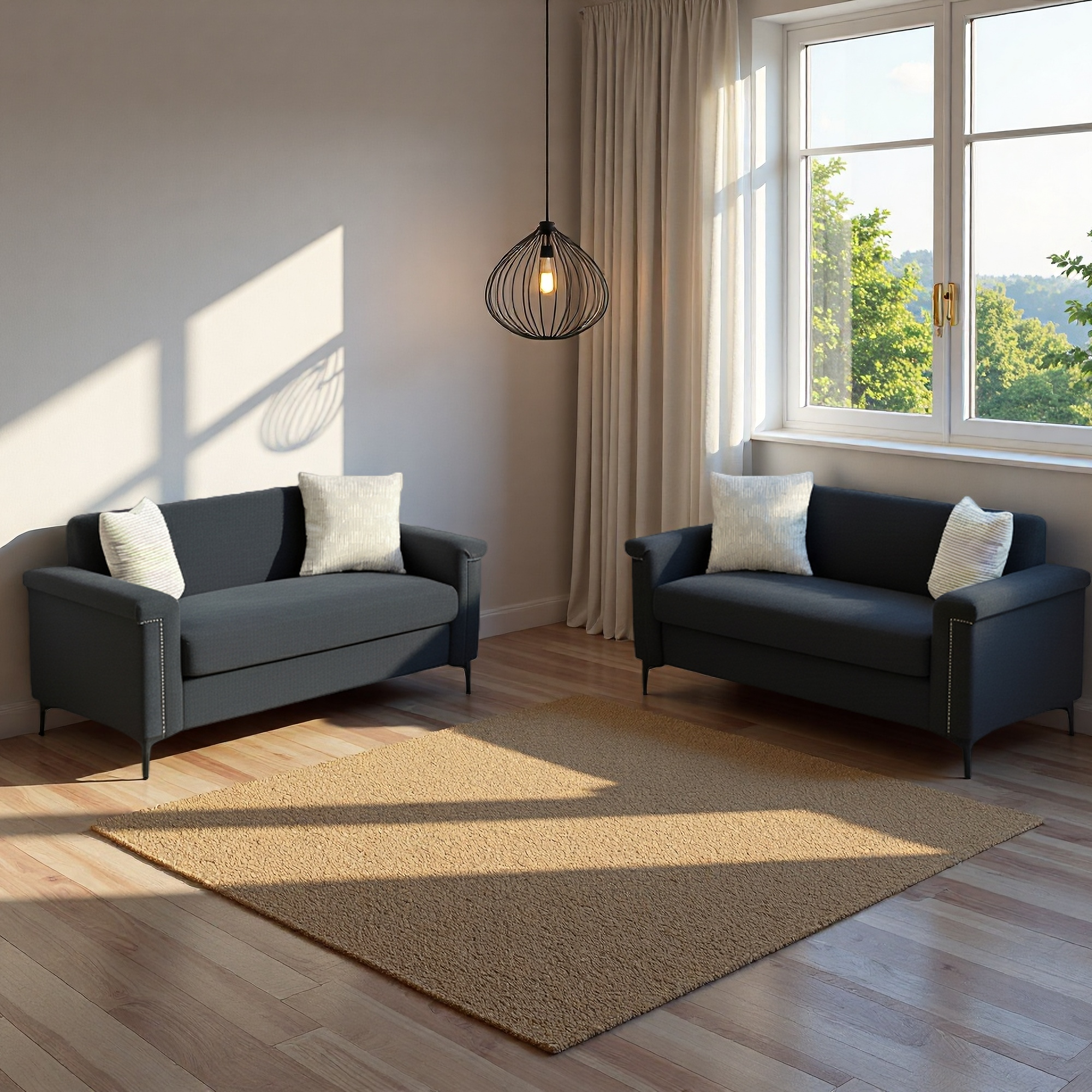 Sofa Set 2-Piece 172cm Space-Saving Metal Legs - Black Fabric