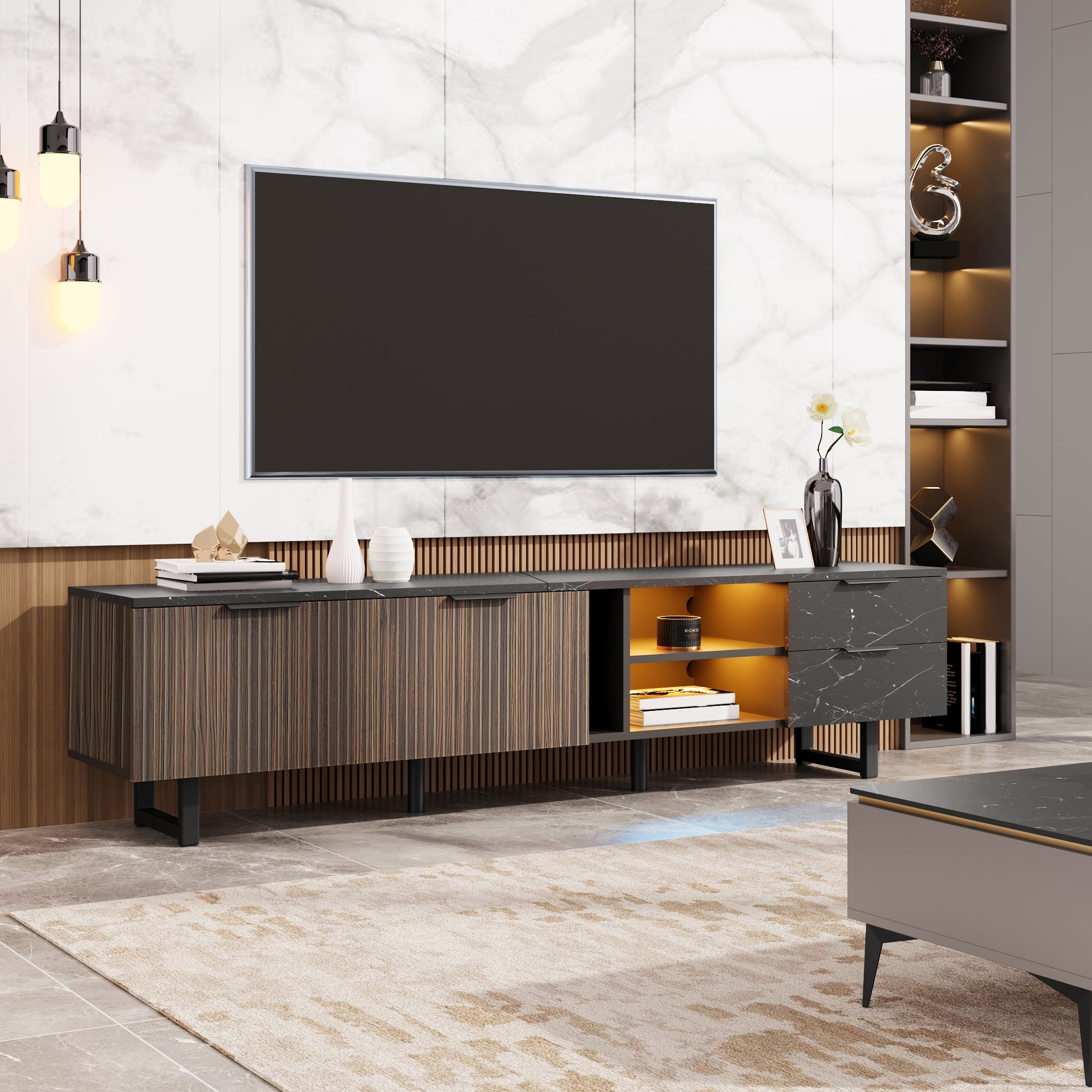 TV Cabinet, 200cm, Adjustable LED, 2 Doors, 2 Drawers, Black Marble & Dark Wood