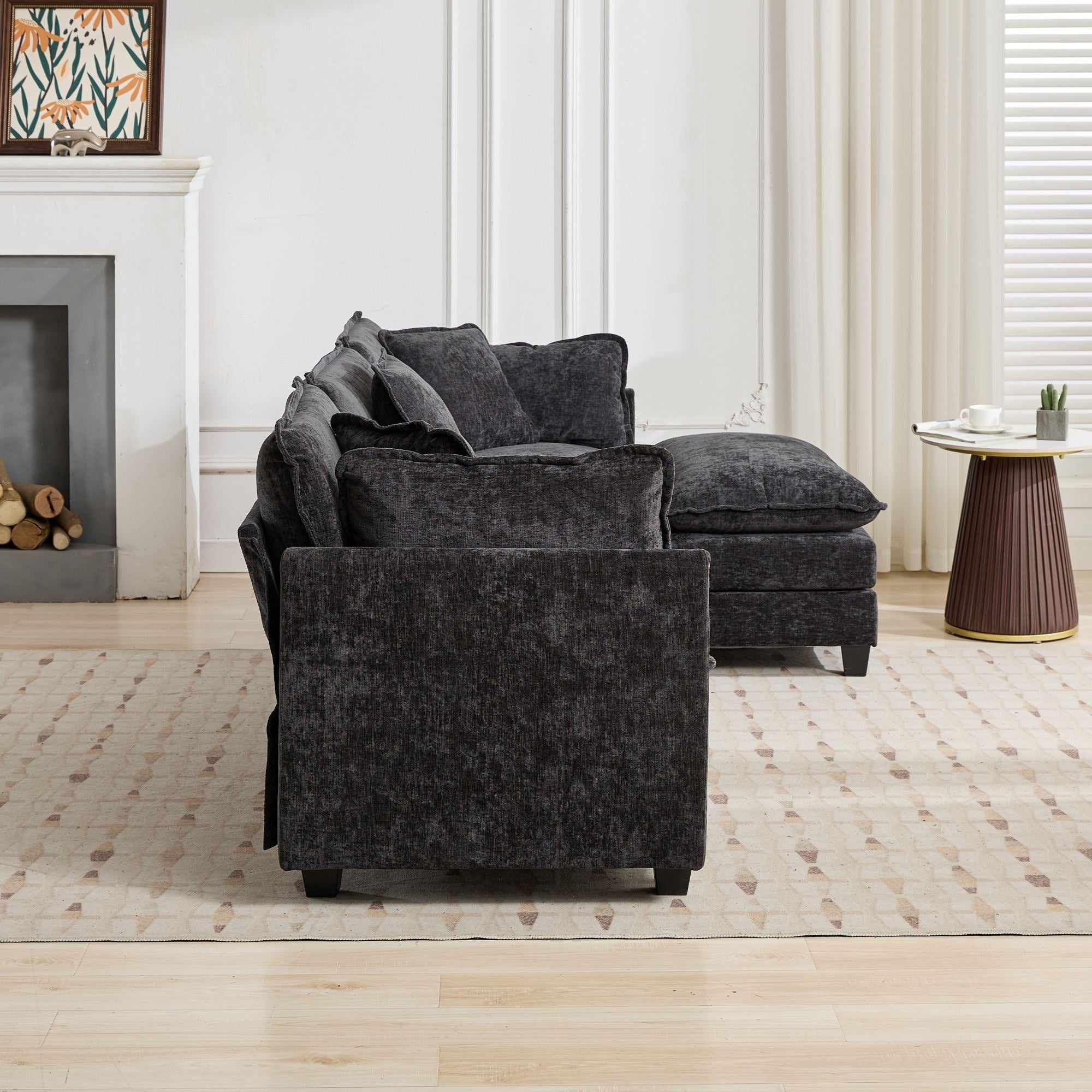 Cloud Sofa 3 Seater Modern Sectional Couch with Double Layer Upholstered Cushion, Black Chenille Fabric