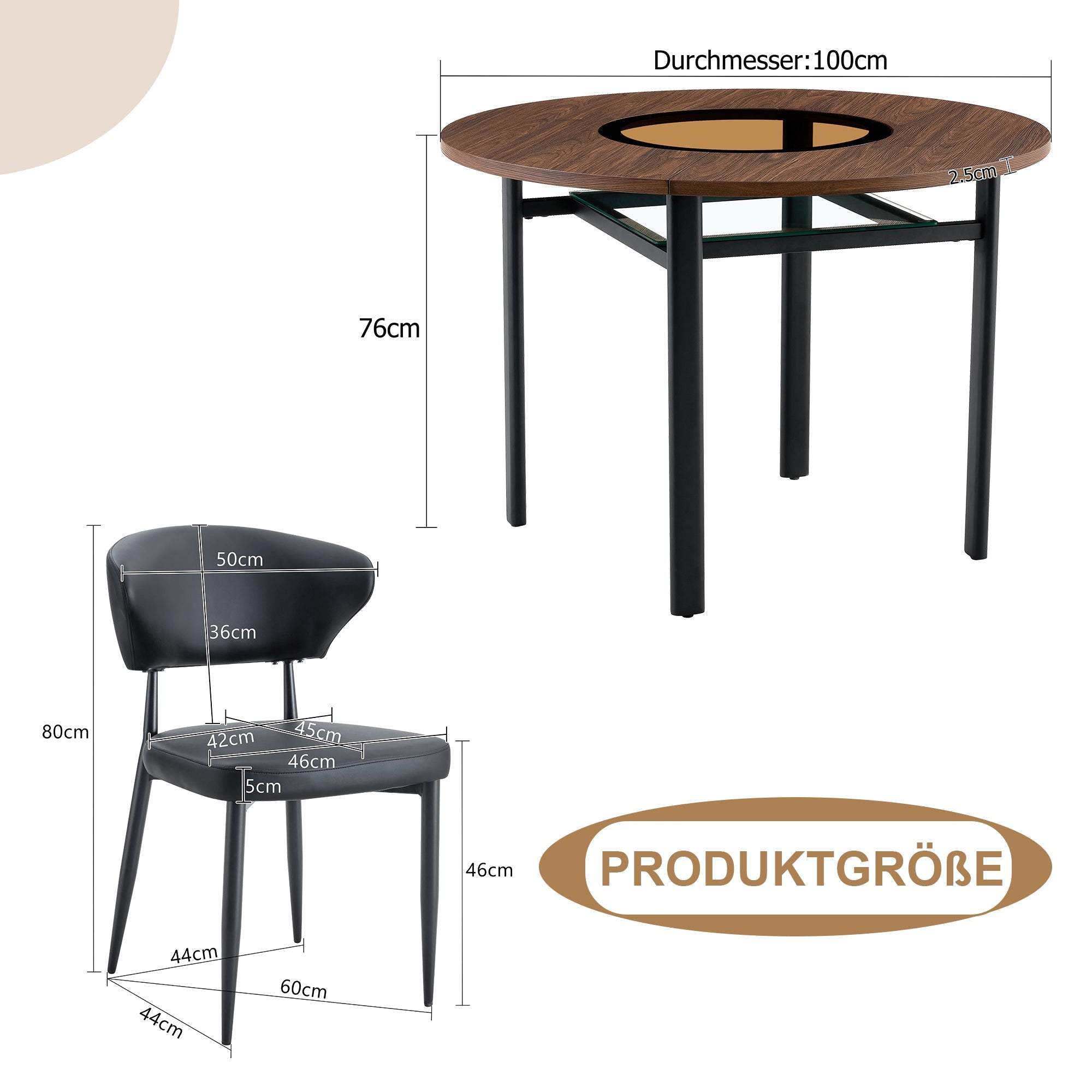 Round Table Set Modern Minimalist 100cm with 2 PU Armchairs - Wood Look/Black
