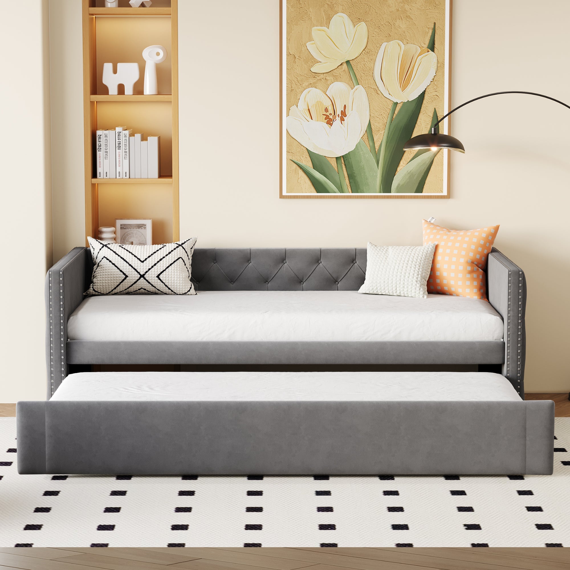 Upholstered Bed Sofa Bed, 90x200cm Multifunctional Guest, Grey Velvet