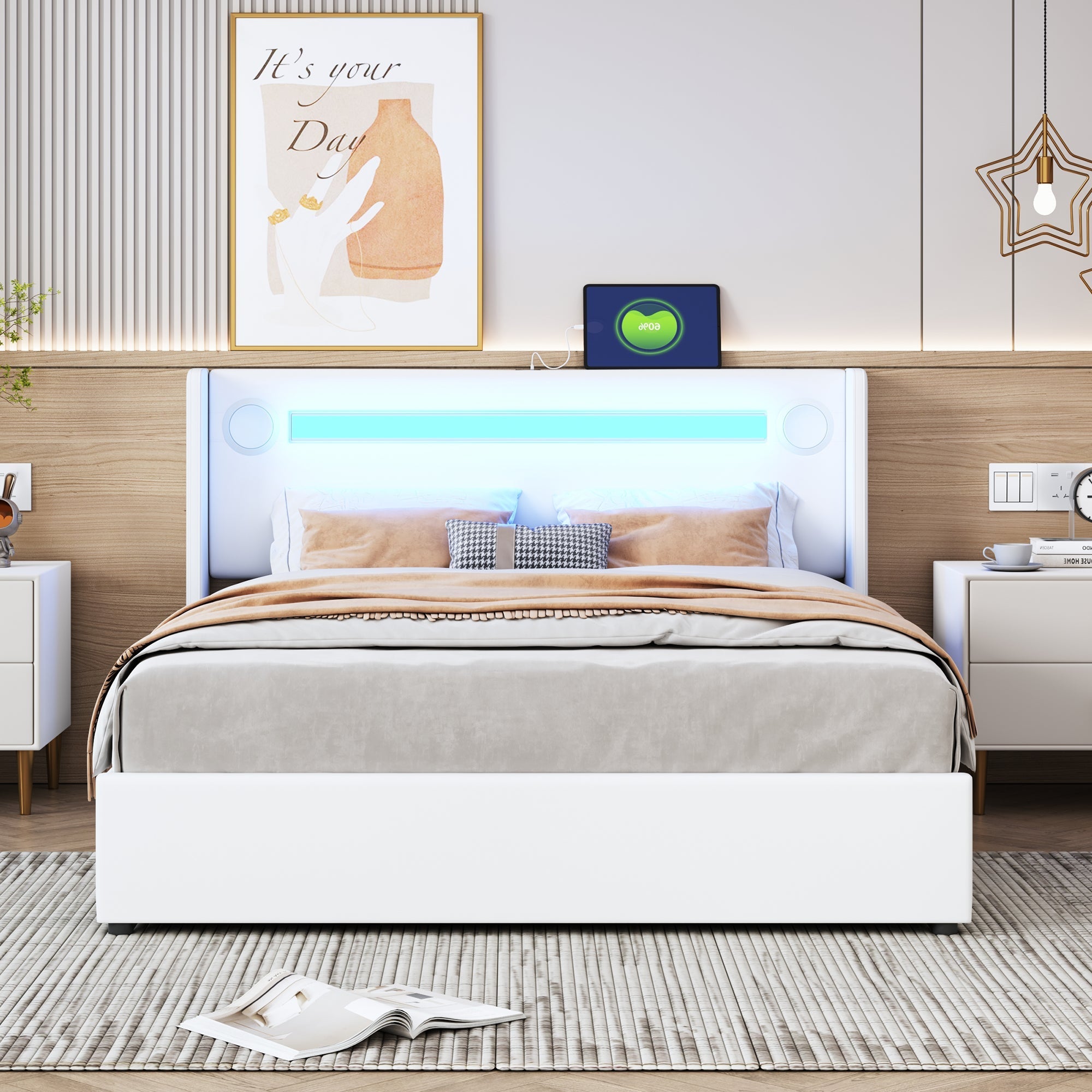 Upholstered Bed 140x200cm, LED & Bluetooth, Storage, White PU Leather