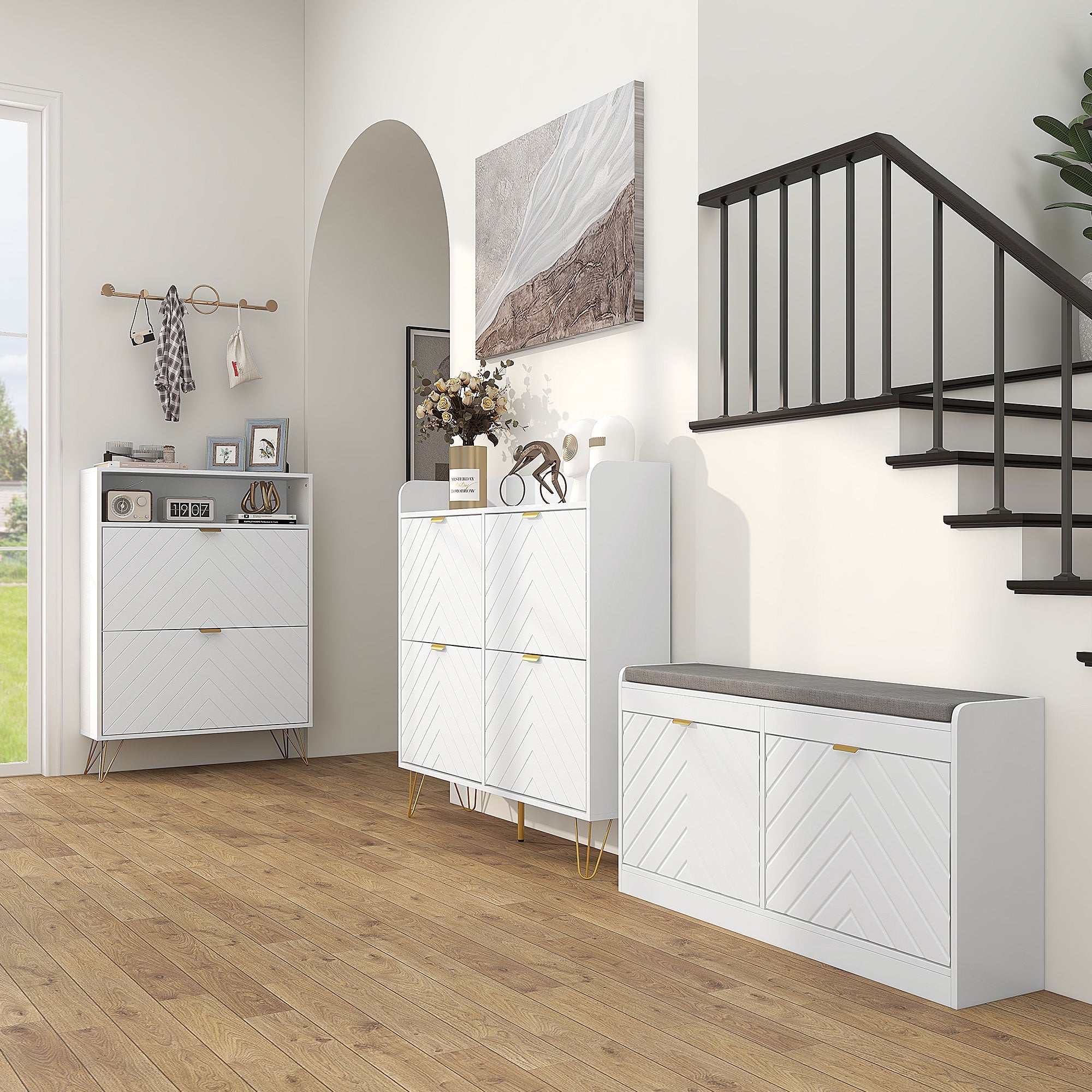 Shoe Storage Cabinet, 12 Pair Capacity with Chevron Indents and Gold Accents - White