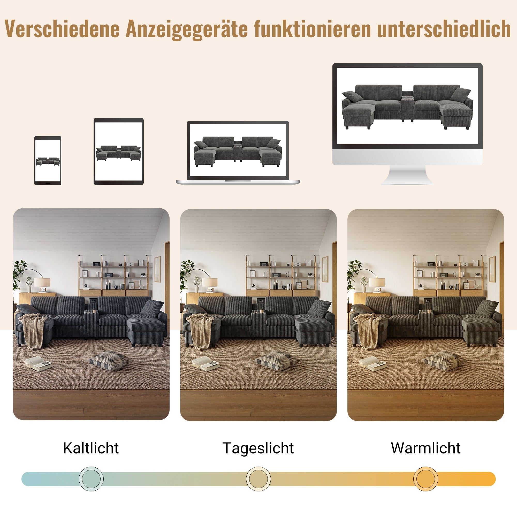 U-shaped Sofa with Storage Footstools Coffee Table USB Power Corduroy Grey
