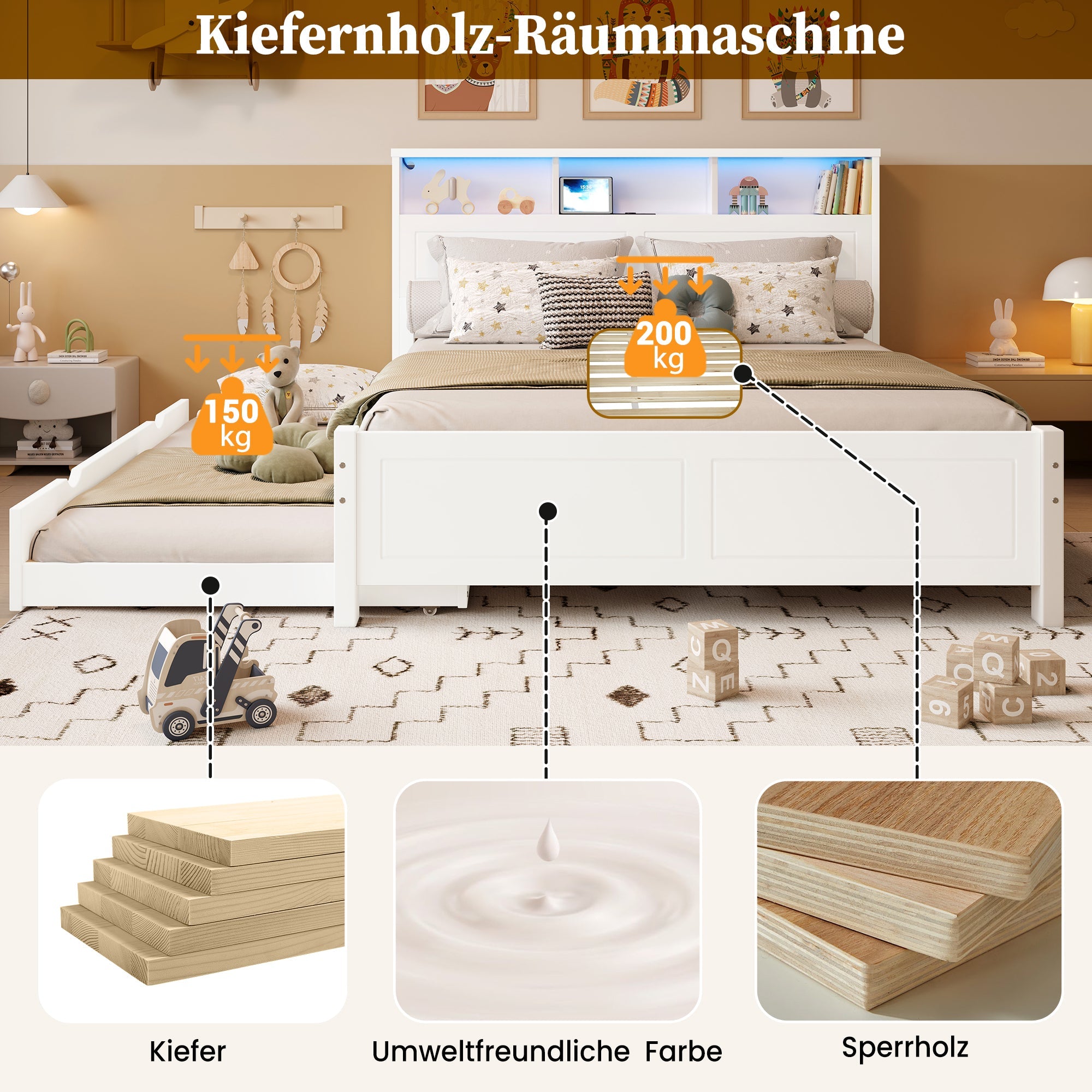 Double Bed with Pull-out LED/USB Storage, Pine+MDF White