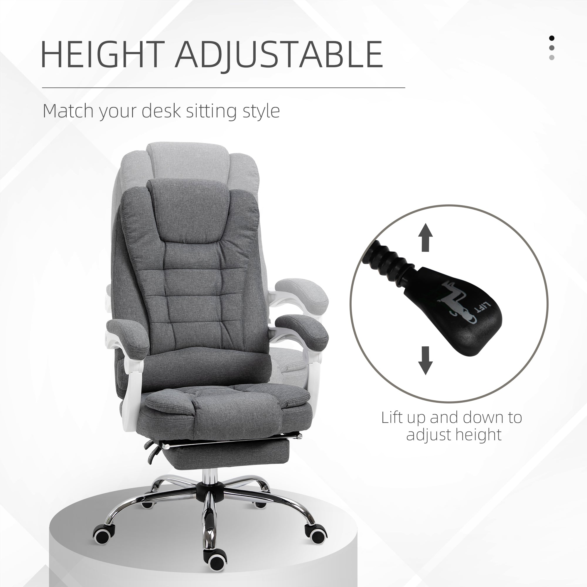 Office Chair, Swivel Rolling 135° Reclining with Retractable Footrest, Linen Fabric Grey