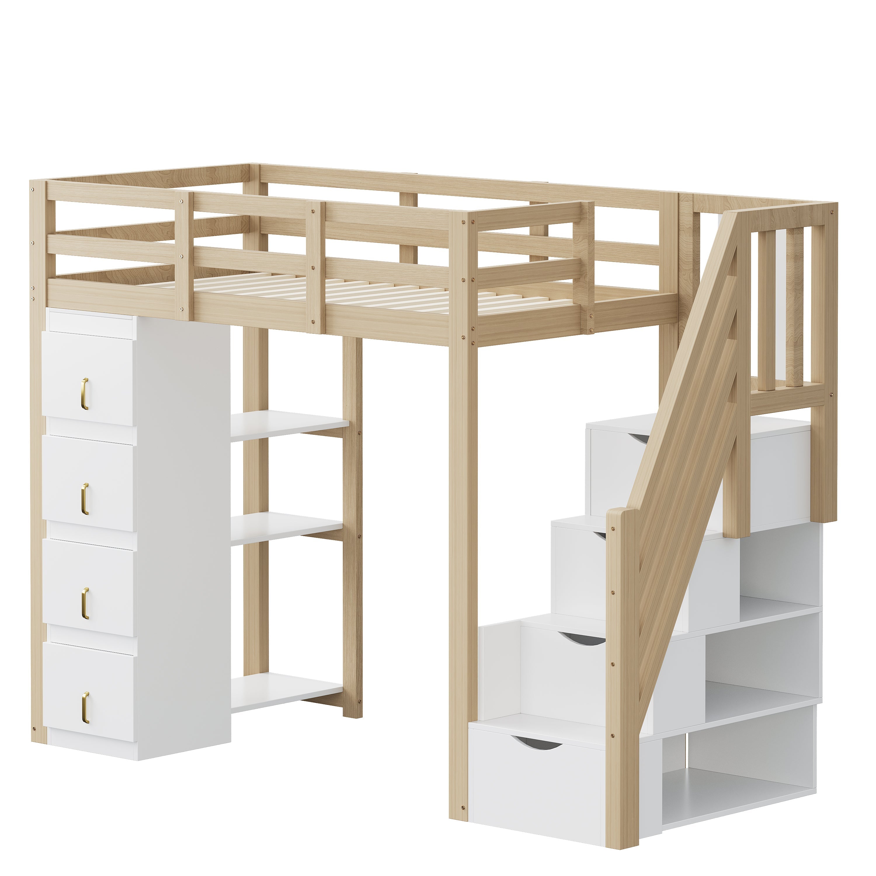 Loft Bed, 90 x 200 cm with Storage & Ladder, Solid Wood