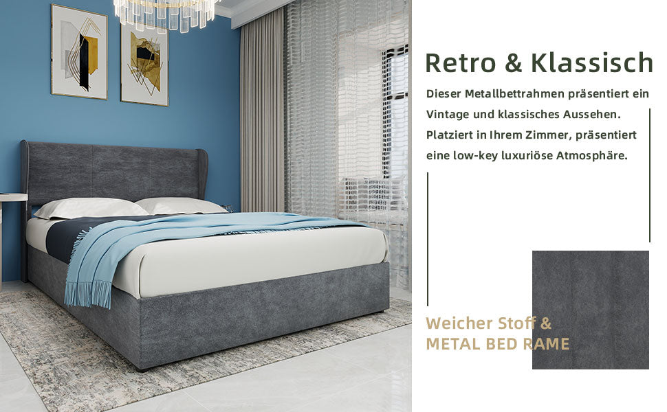 Upholstered Bed, Modern Minimalist with Gas Lift Storage, Grey