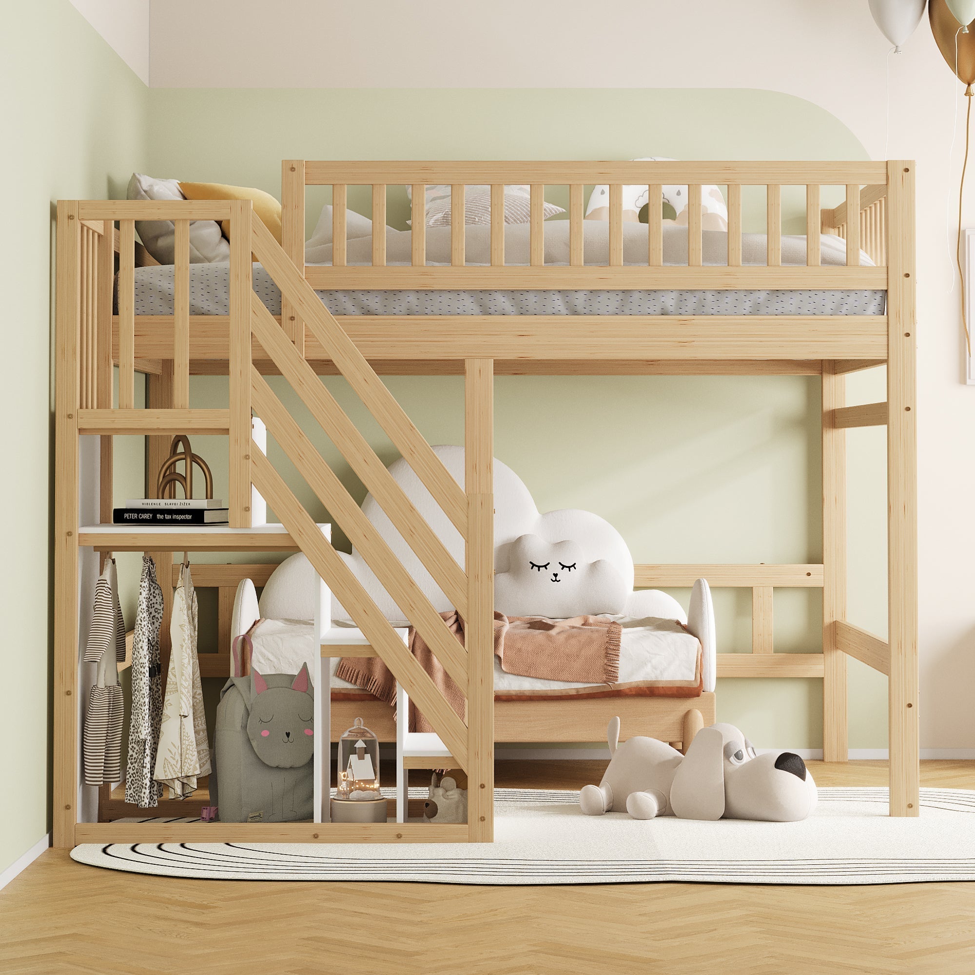 Solid Wood Bed, 140x200 with Storage Stairs & High Railing, Wood Color