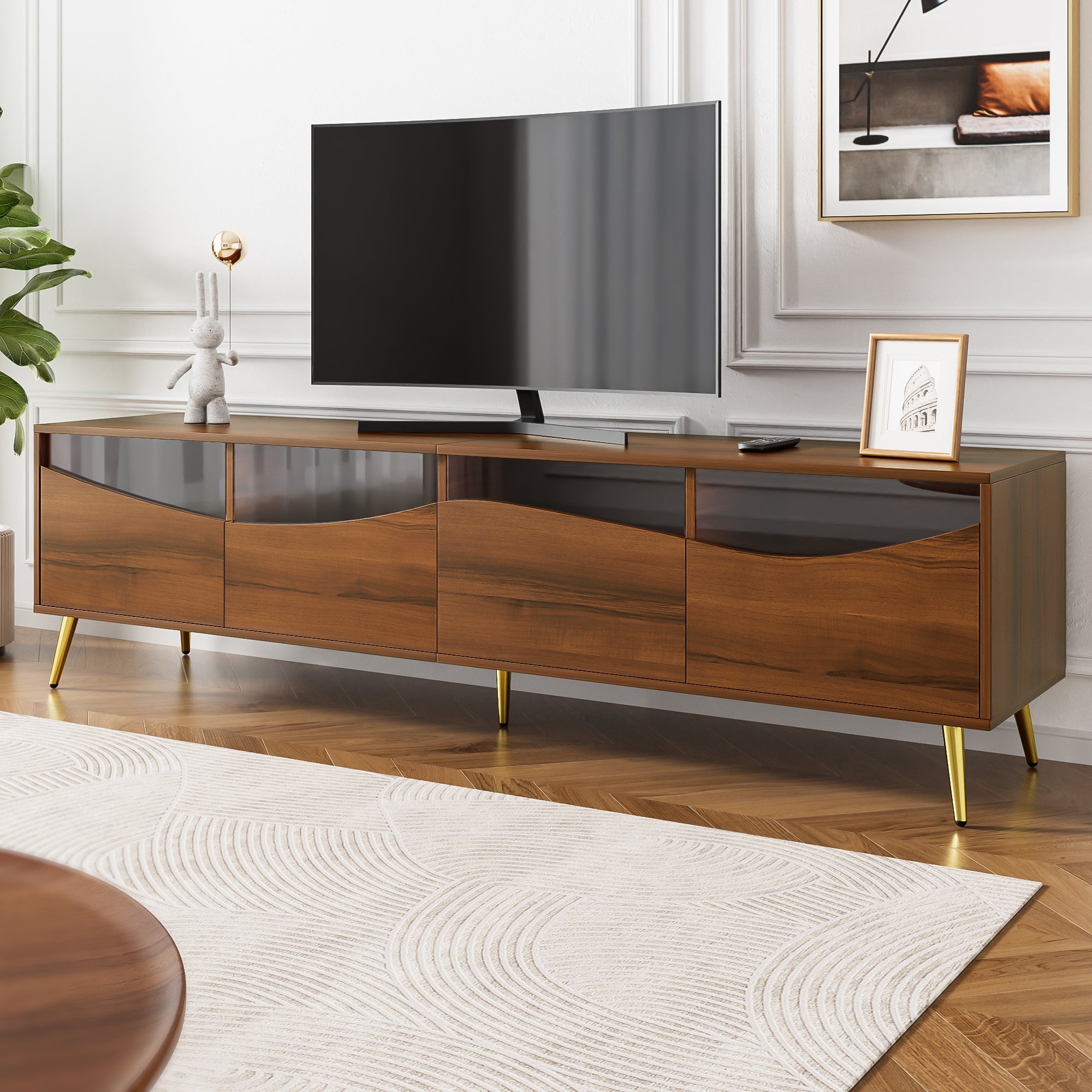 Modern TV Cabinet 180cm LED Lighting Storage, Wood Color/Gold Metal