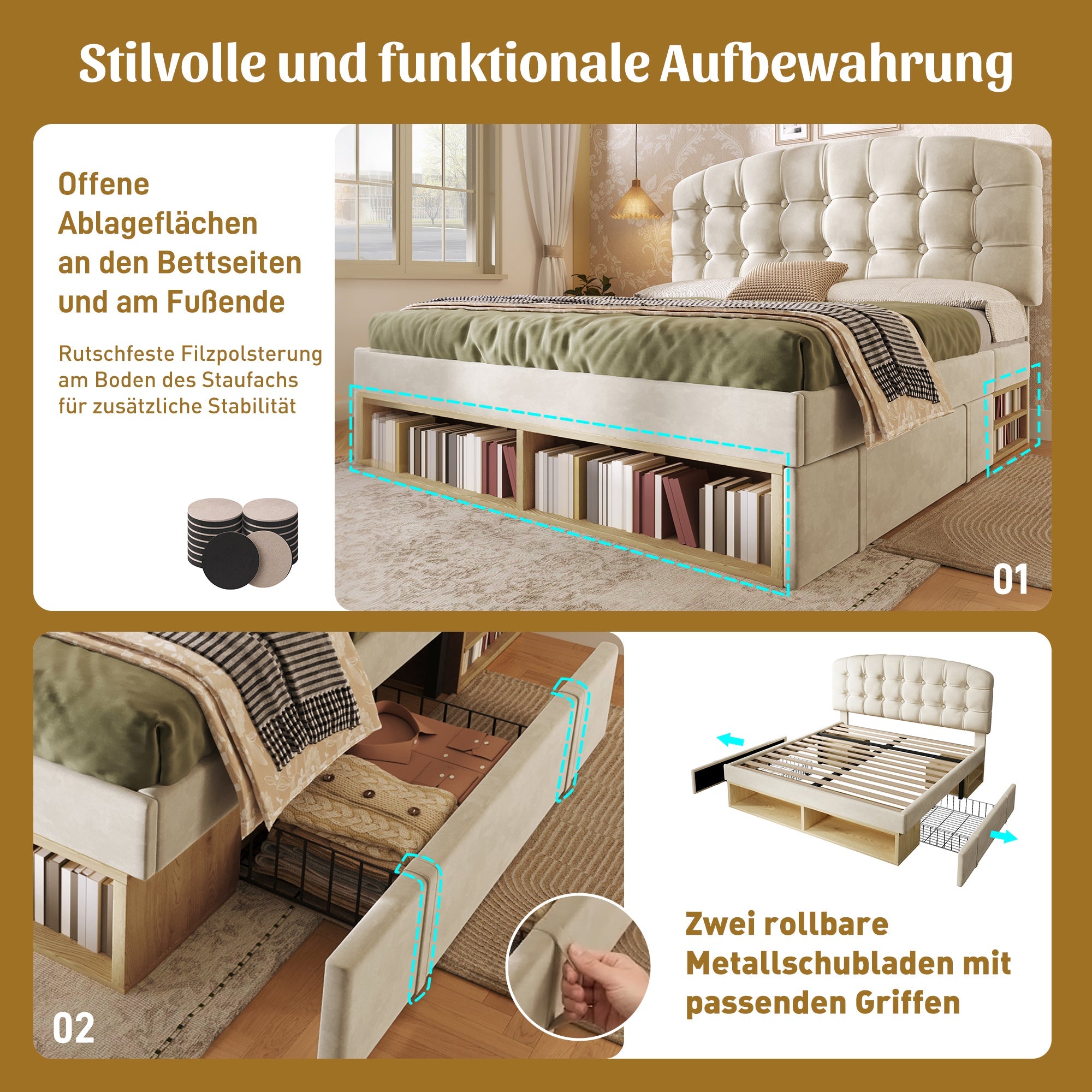 Upholstered Double Bed with Drawers, Storage and Adjustable Headboard, 140x200cm, Beige Velvet