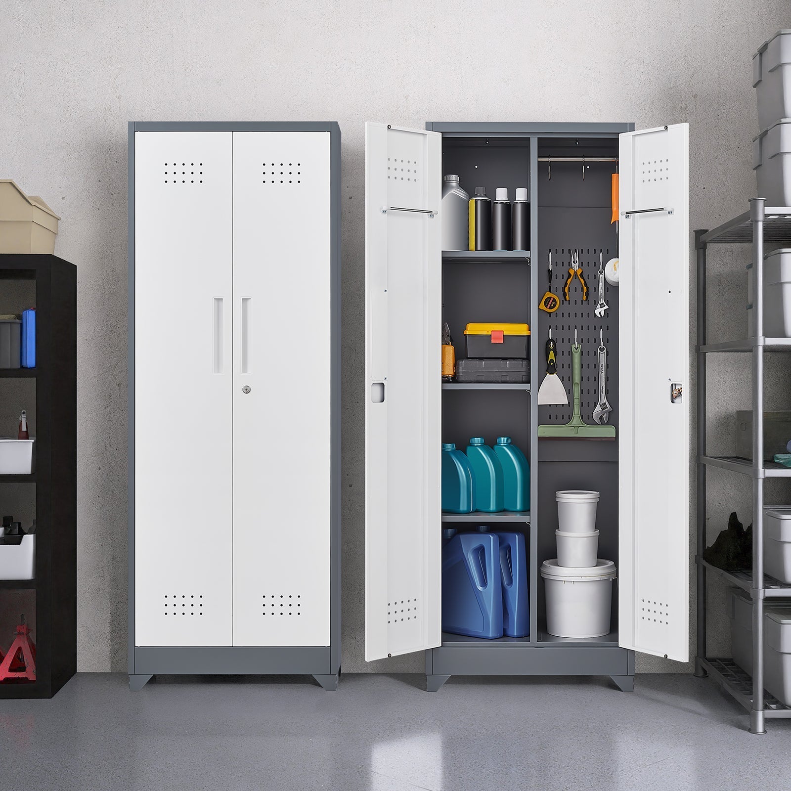 Broom Storage Cabinet with Locking Doors, Hanging Rod and S-Hooks, 65 Inch Metal, Gray