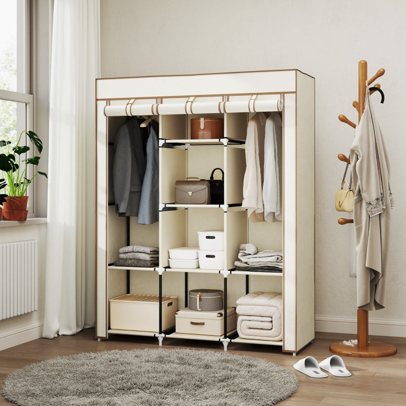 Fabric Wardrobe with Rails and Shelves, Cream White