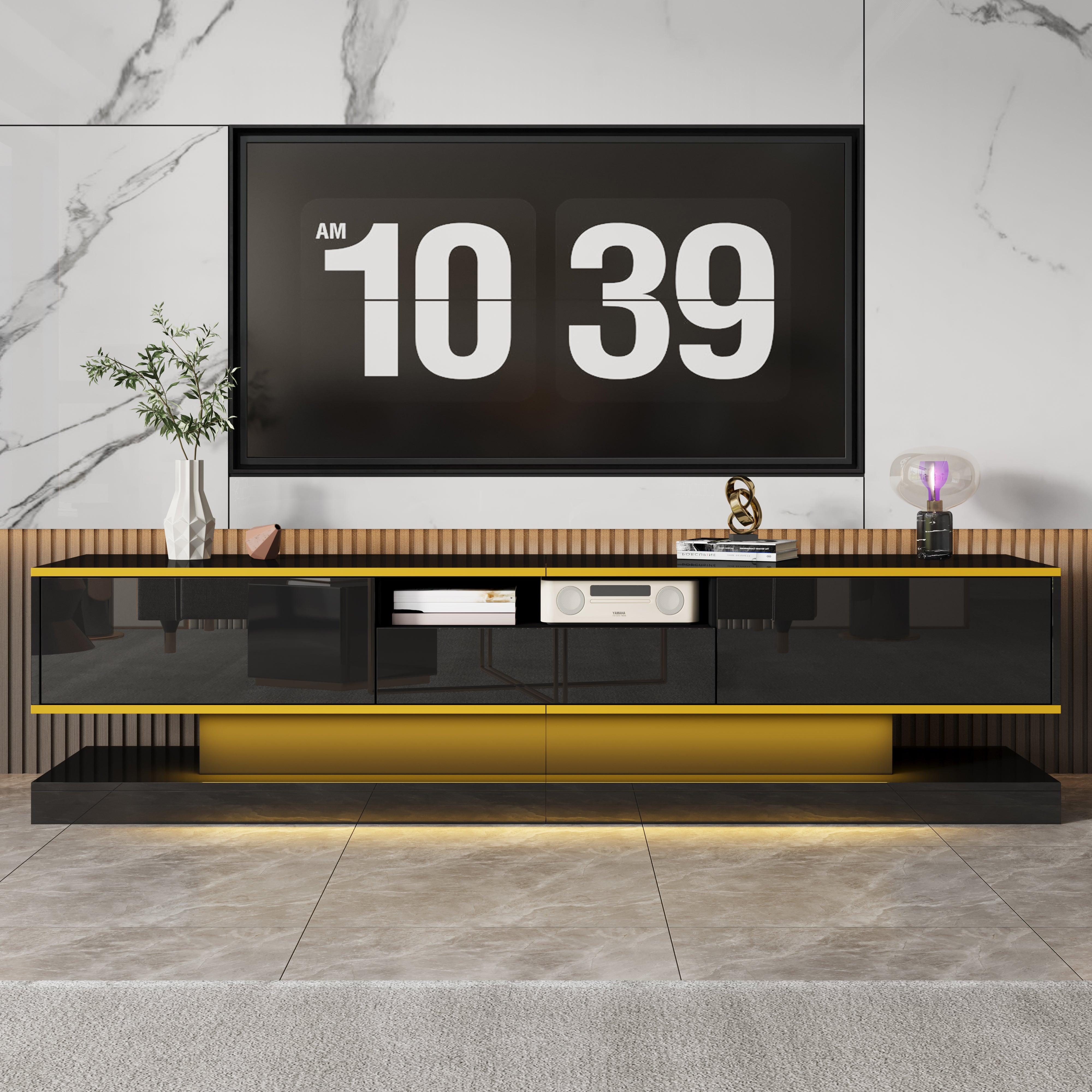 Modern TV Cabinet, 3 Drawers Open Compartment LED Lights 180cm, High-Gloss