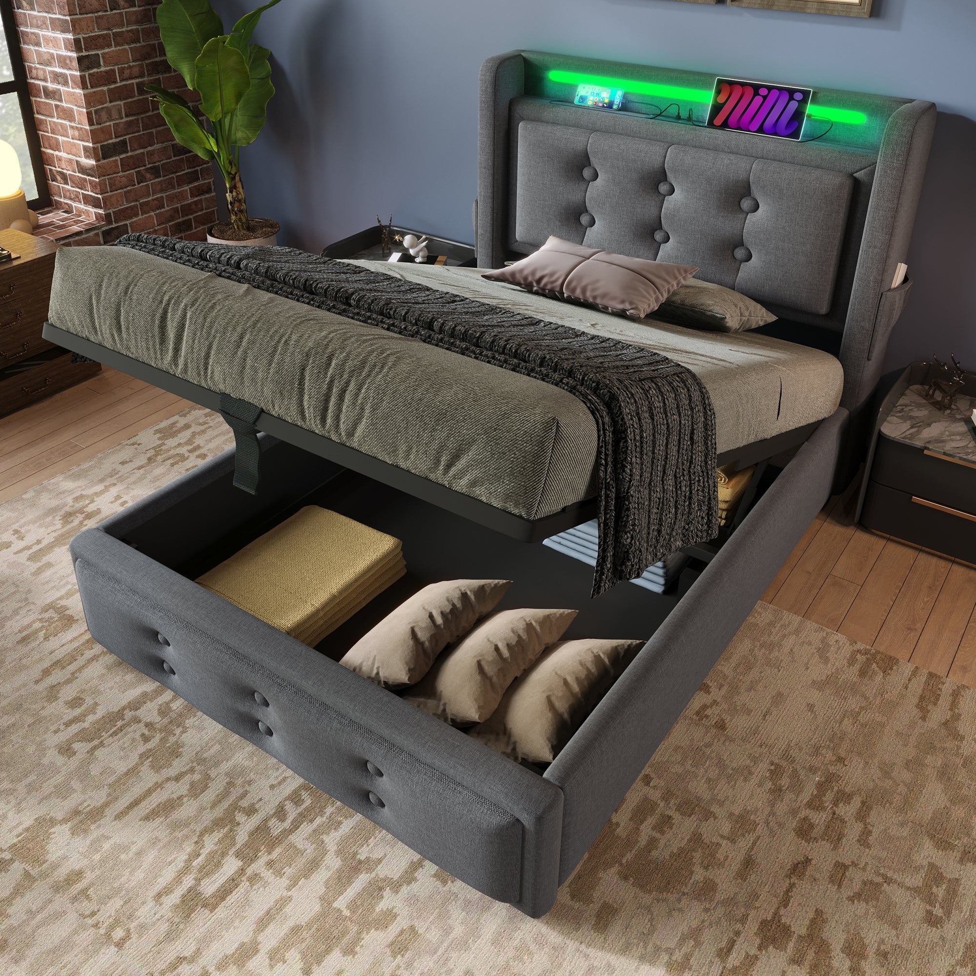 Upholstered Bed 90x200 Single Hydraulic LED/USB-C Grey Cotton