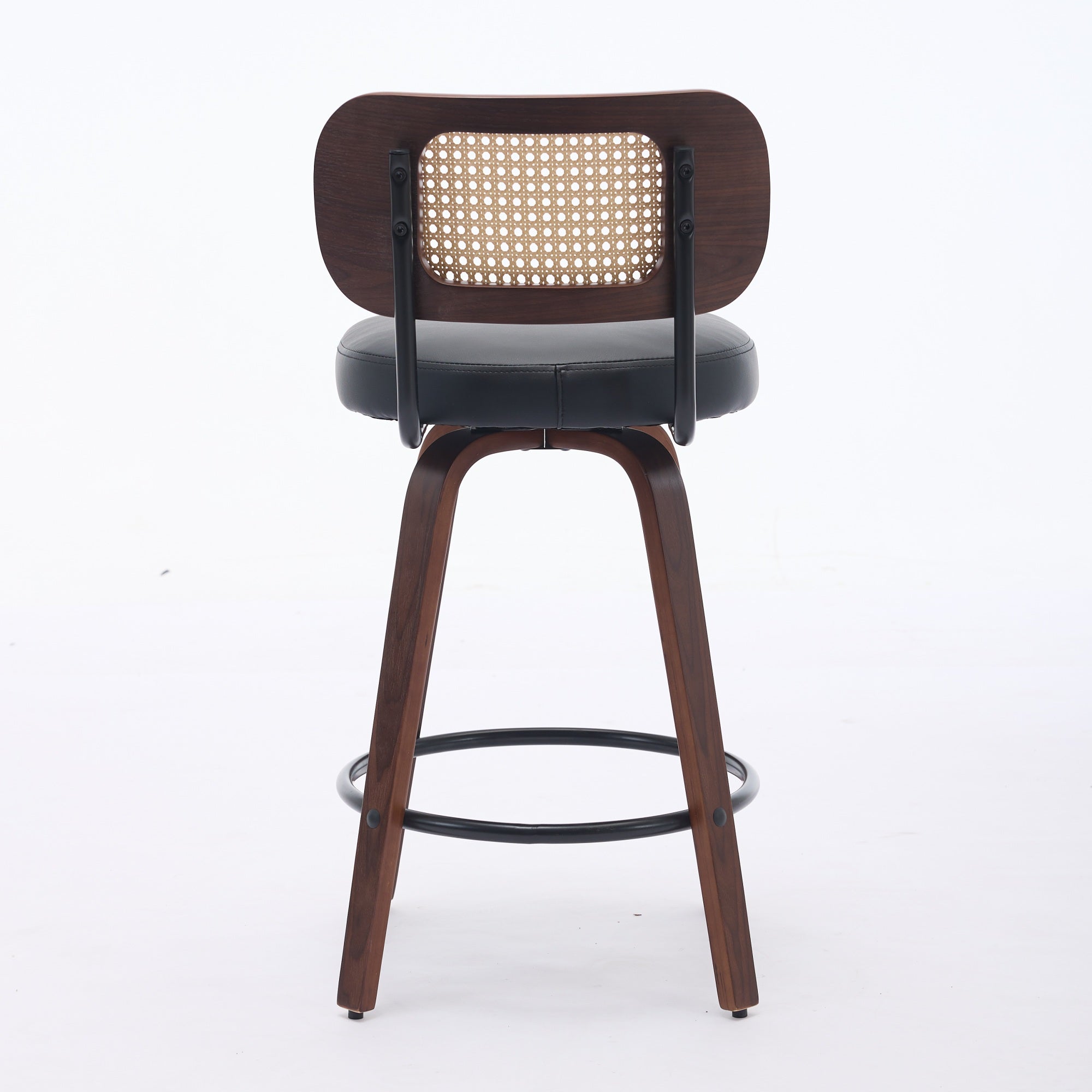 Set of 2 Counter Height Bar Stools with Swivel and Rattan Cane Back, Walnut Black