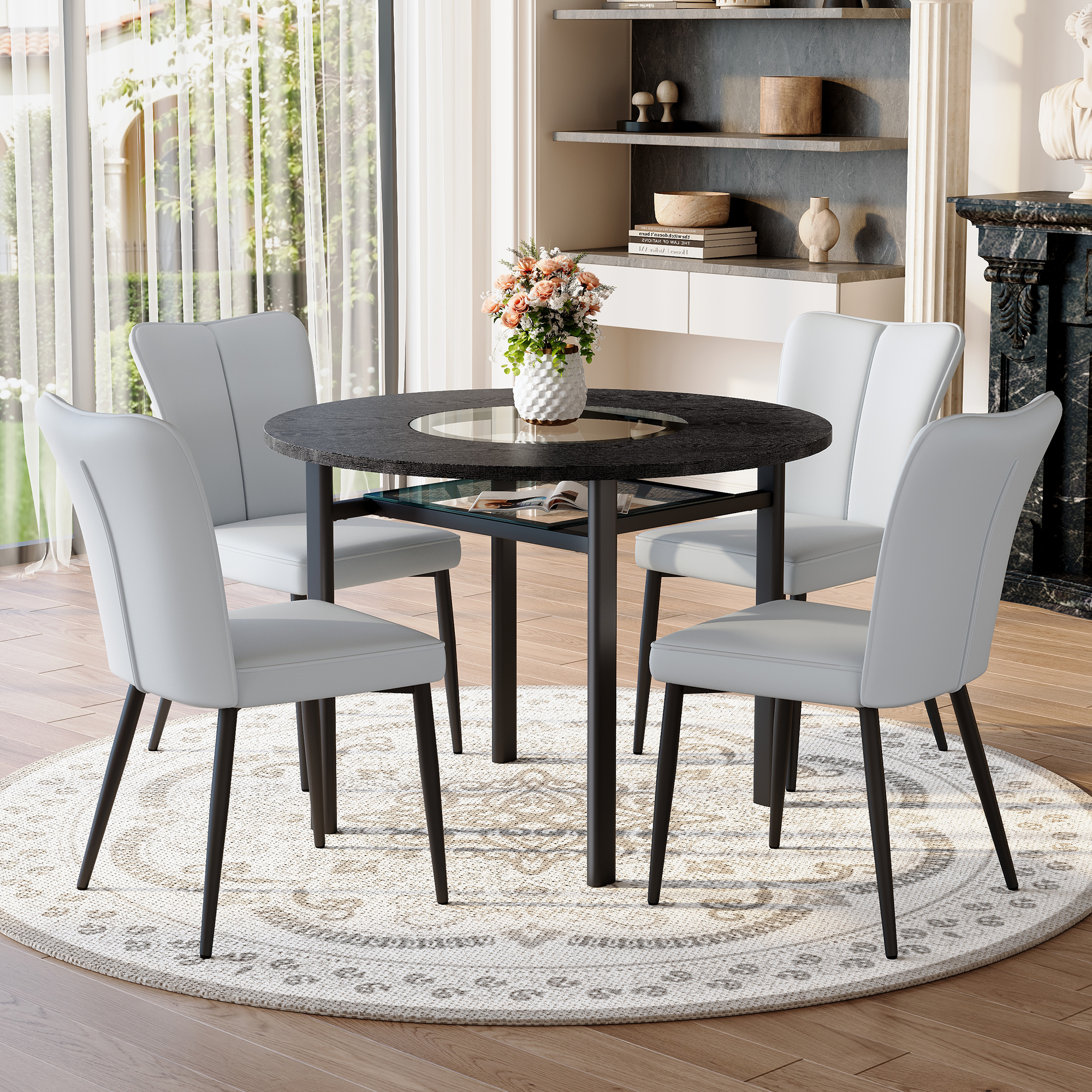 Round Table Set Modern Minimalist 100cm 4 Armchairs - Black/Light Grey PU