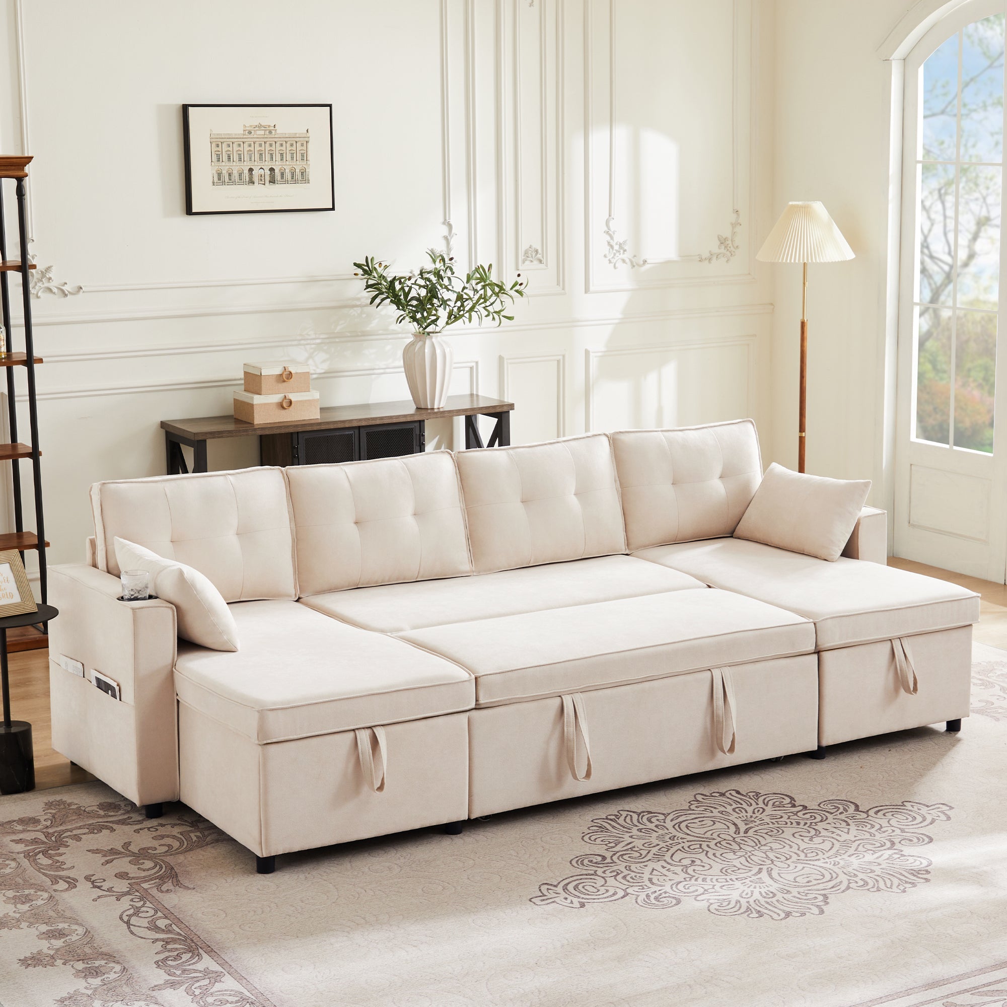 Sofa Bed, U-shaped Sleeper with Cupholder & Storage, Cotton Linen Fabric