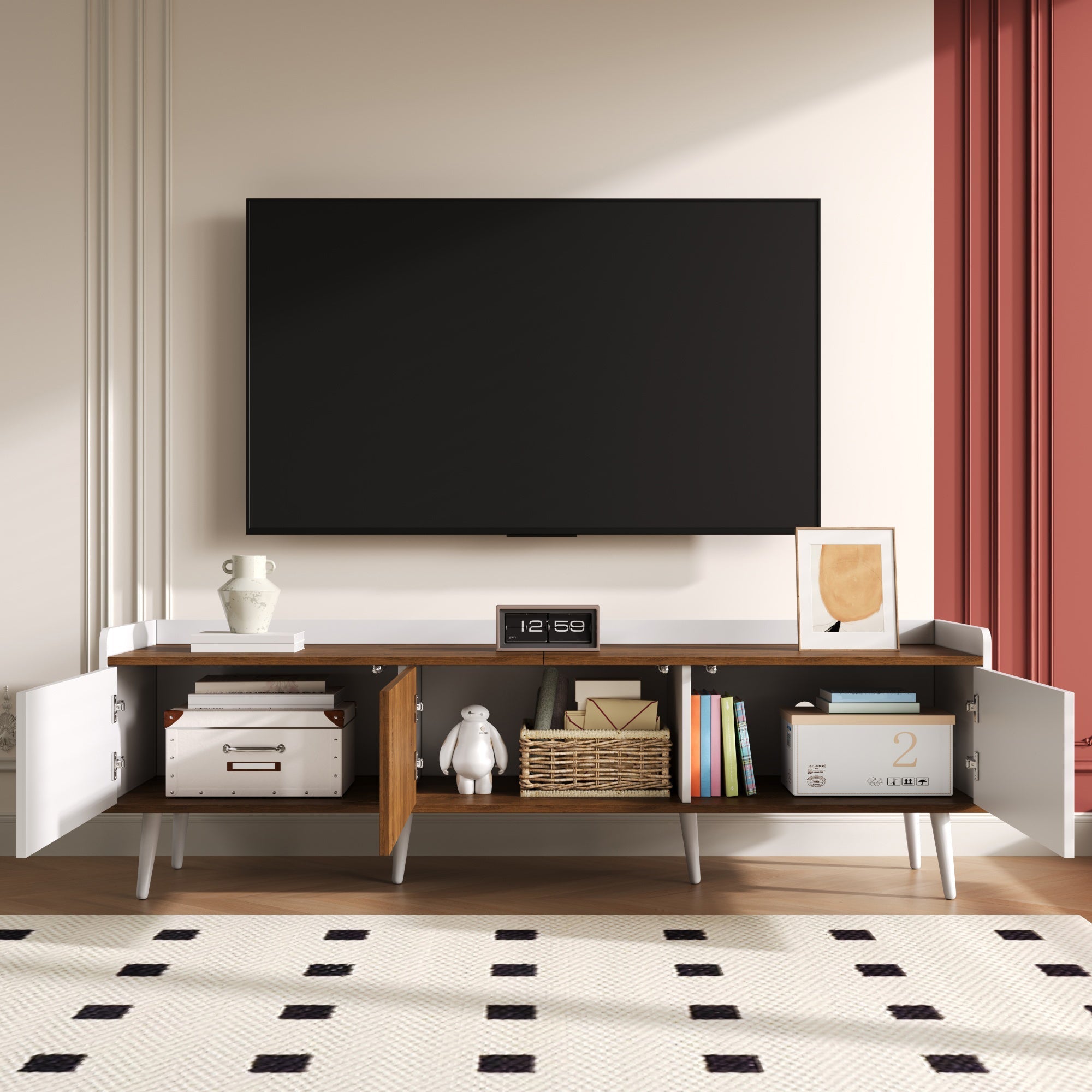 TV Cabinet, 3-Door Base, Compact Design, White and Natural Wood