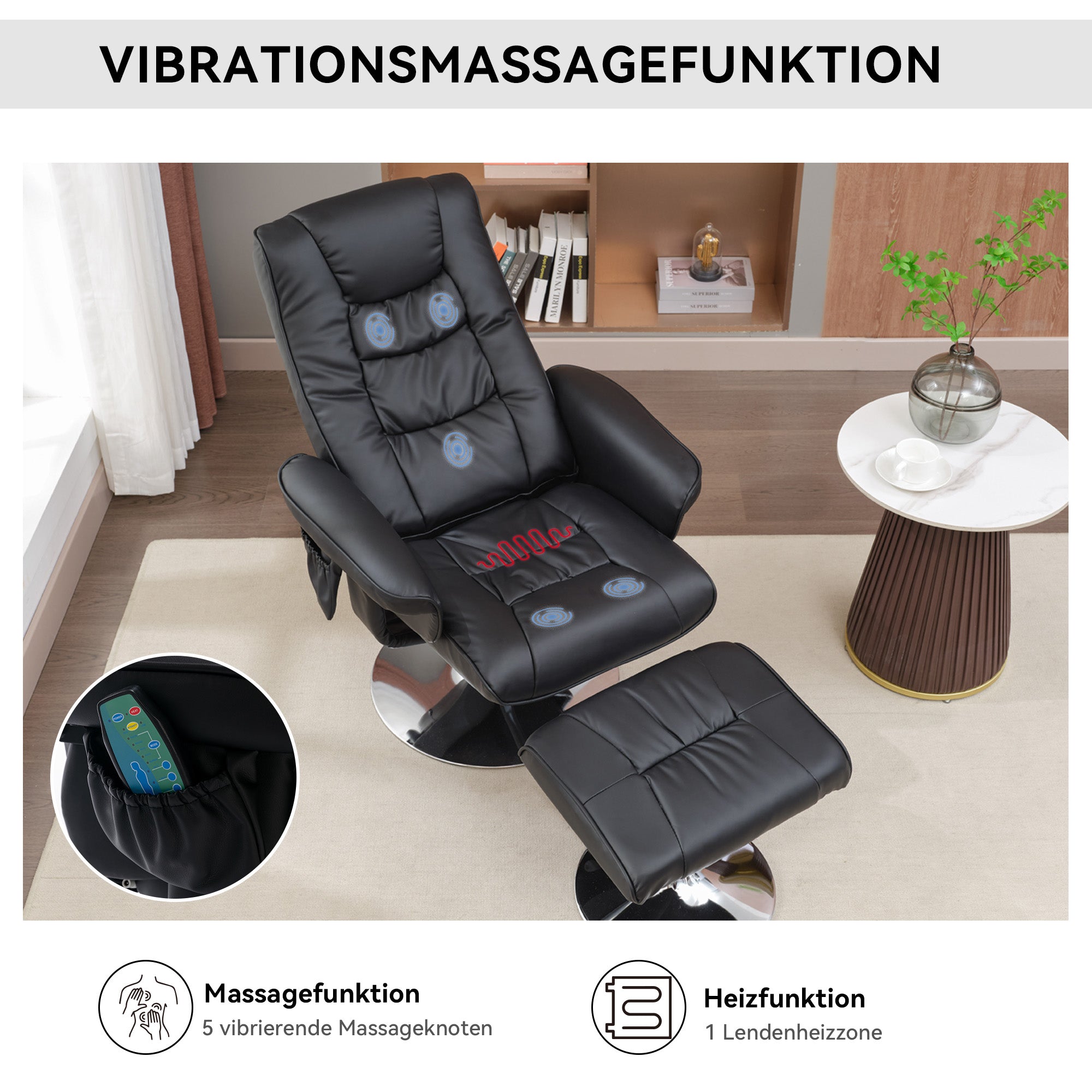 Massage Chair with Ottoman, 5-Point Massager, PU Upholstery, Black