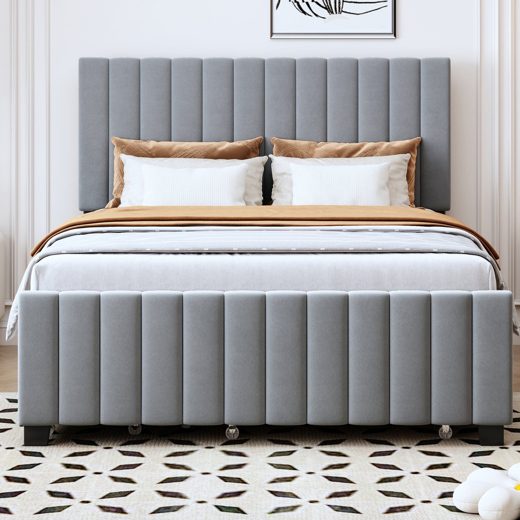 Upholstered Bed 140x190cm, Pull-Out & 2 Drawers, Velvet, Grey