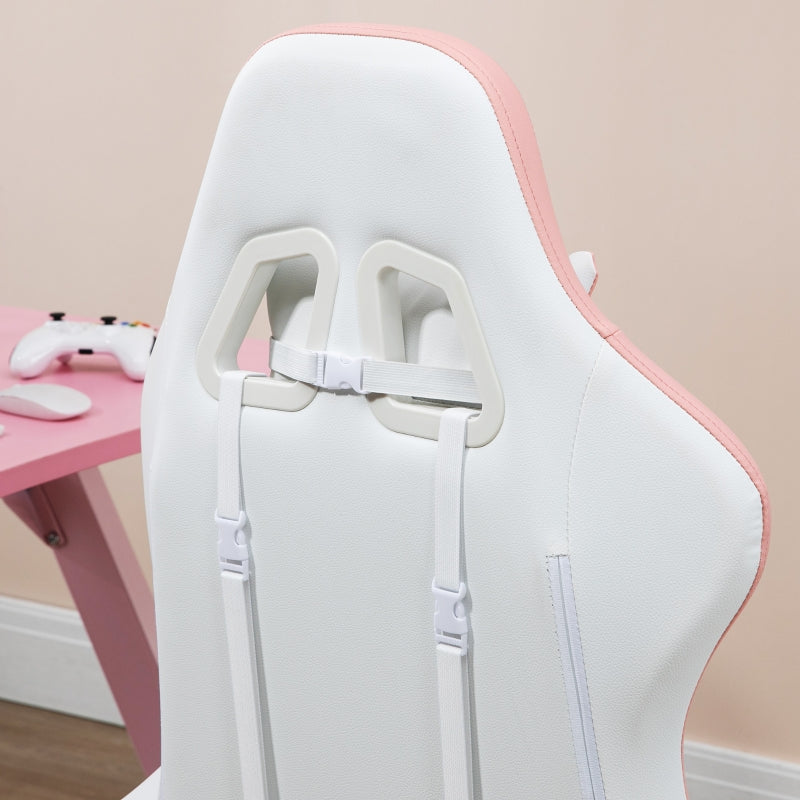 Computer Gaming Chair with Footrest, 135° Reclining Back, Lumbar Support, White and Pink PU Leather