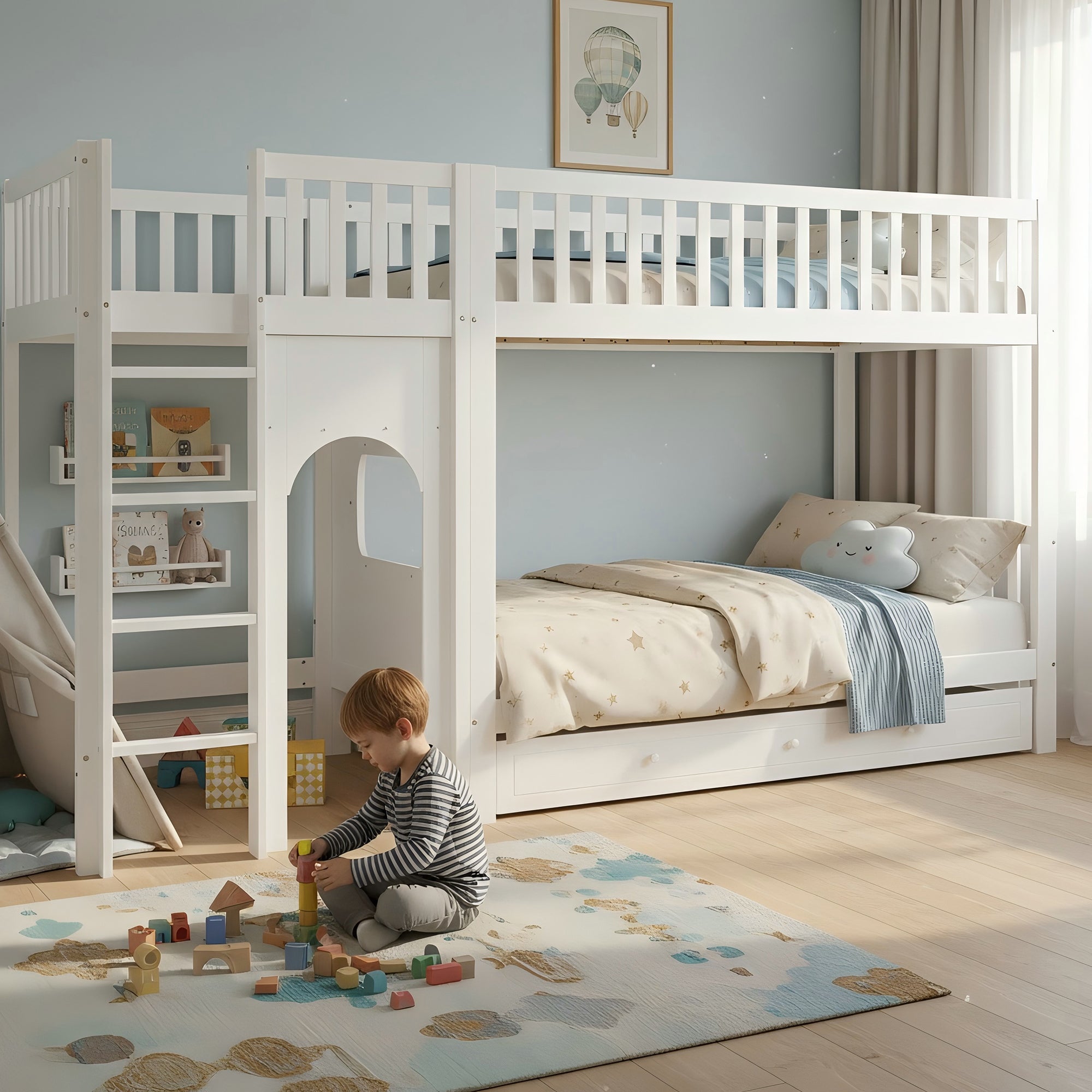 Bunk Bed for Children with Straight Ladder and Safety Railings, 90x200cm, White Pine + MDF