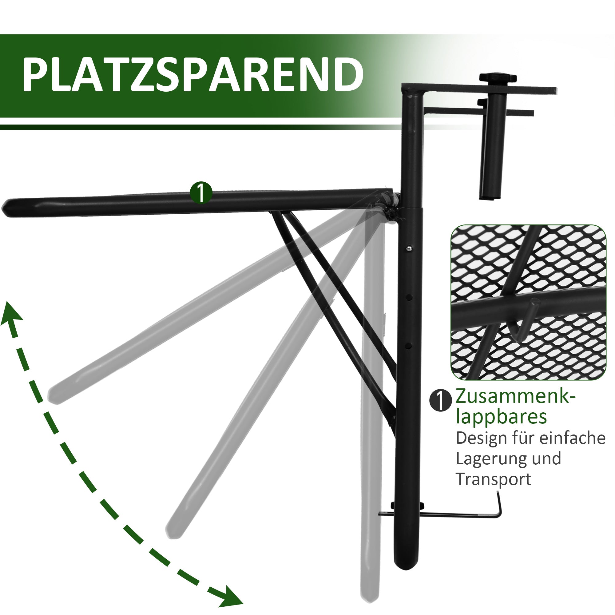 Balcony Hanging Table, Height-Adjustable Square 60x56.5x45cm, Black Metal