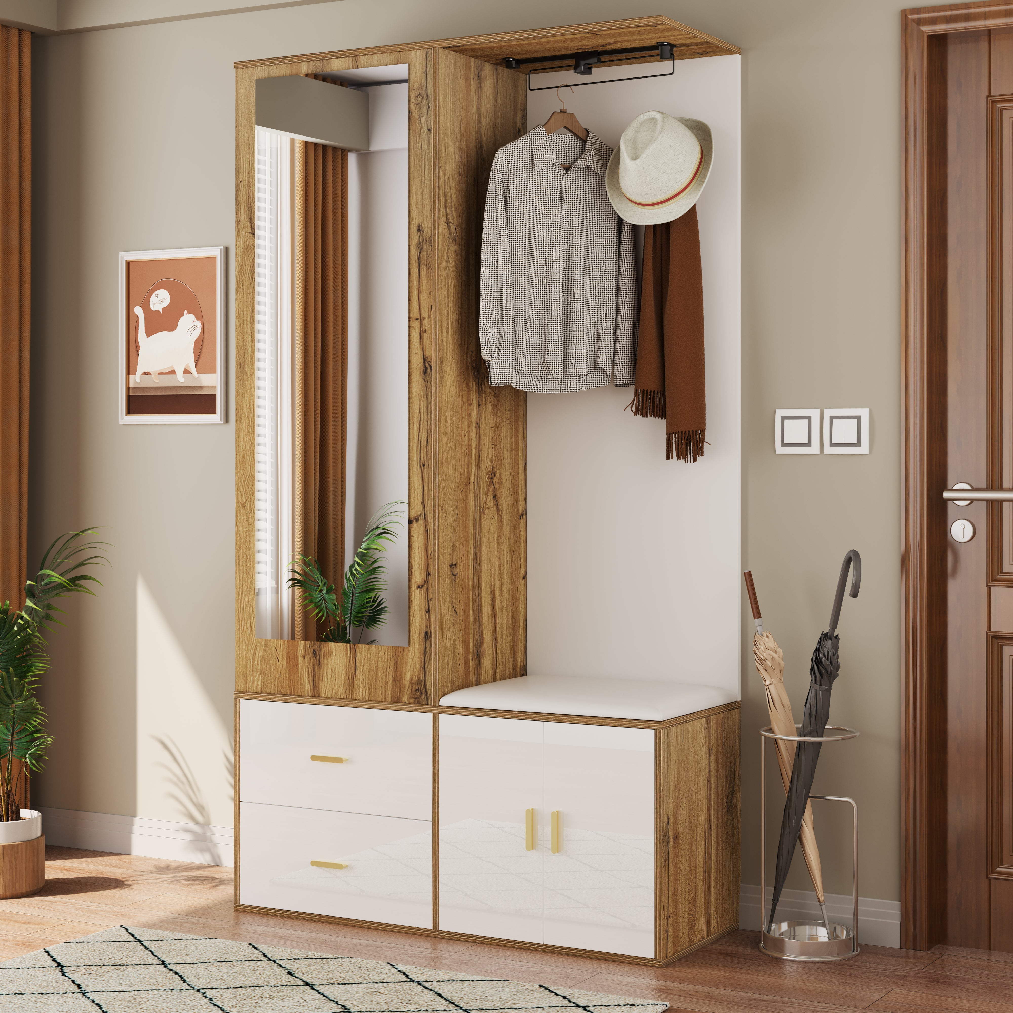 Wardrobe Set with Mirror, Shoe Cabinet & Bench, White and Wood