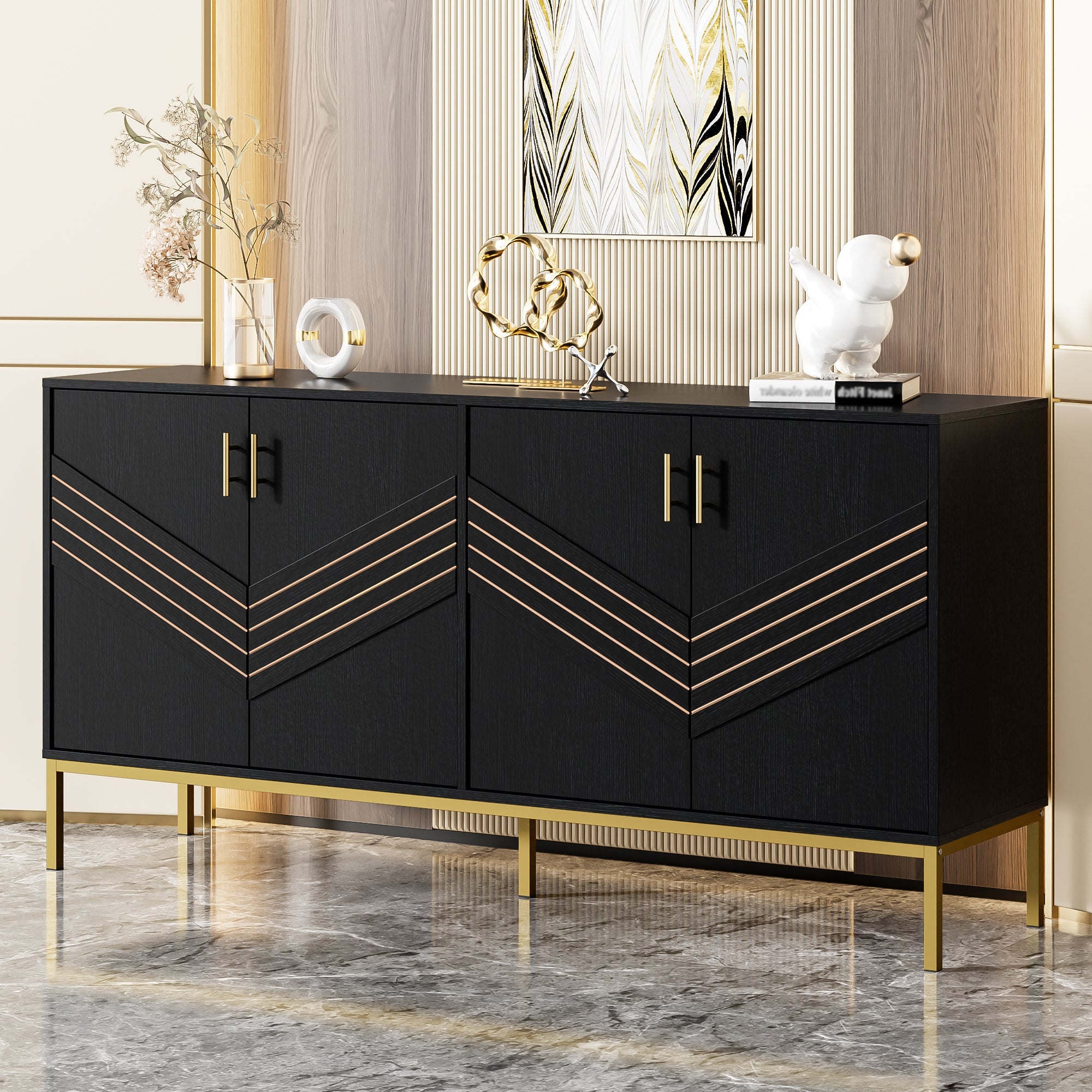 Sideboard, 4-Door Modern Large Capacity with Adjustable Shelves, Black and Gold MDF