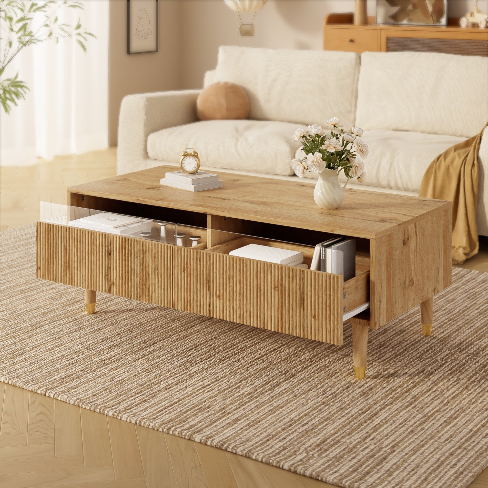 LED coffee table with wavy drawer top, two drawers, gold-wood