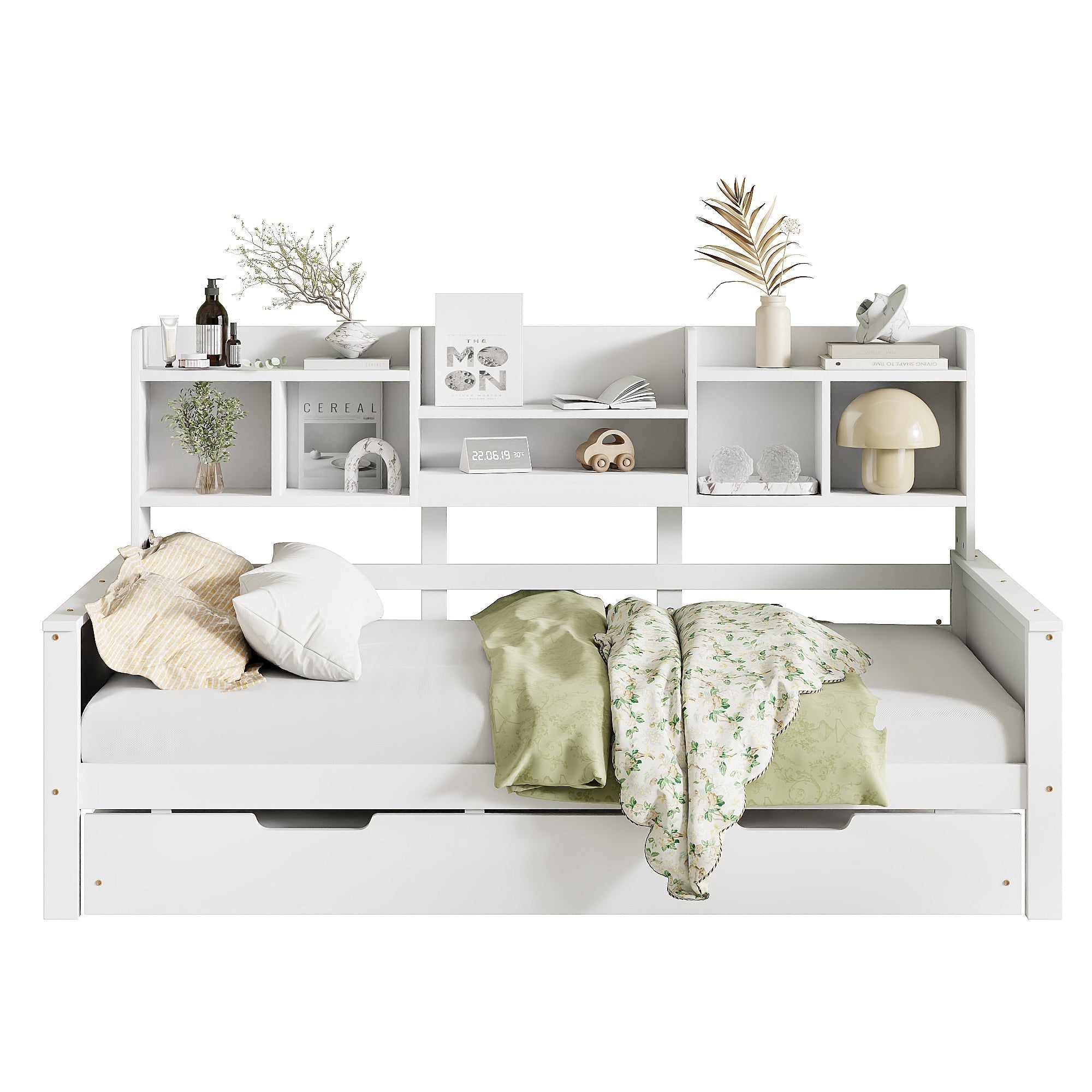 Extendable Sofa Bed 90x200CM Storage Pull-Out Bed, Pine Solid Wood White