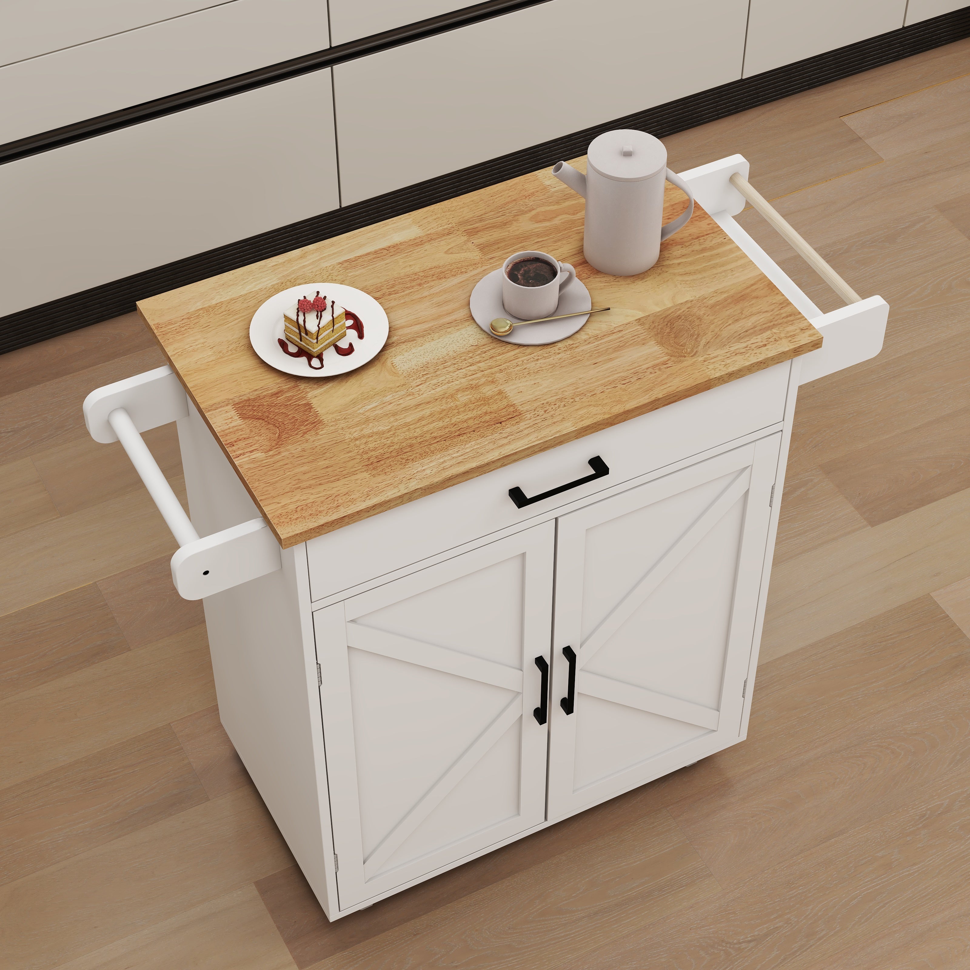 Kitchen Island Trolley Cart with Adjustable Shelves, Towel/Seasoning Racks - Rubber Wood, White