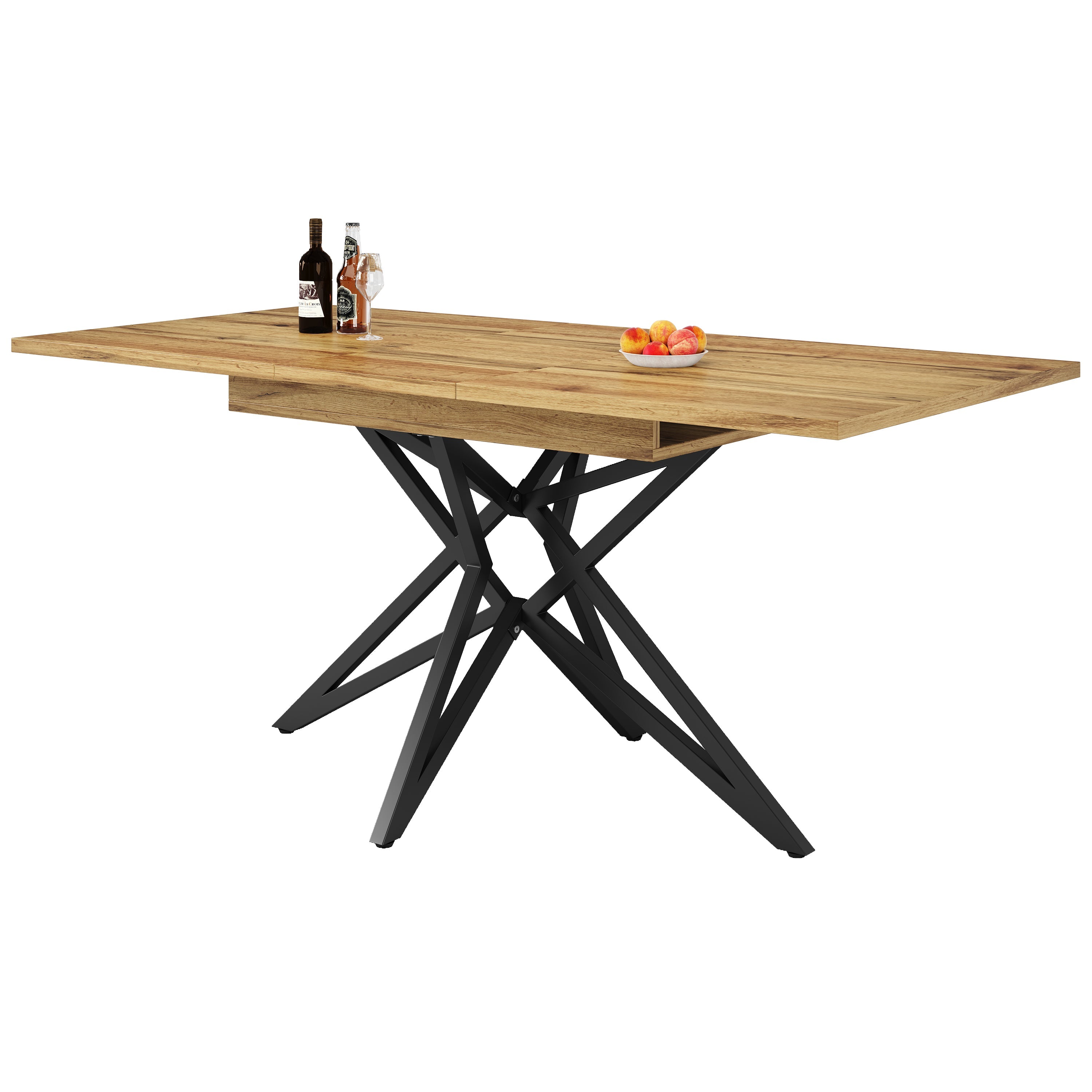 Extendable Dining Table with Star-Shaped Legs, Walnut and Marble Look