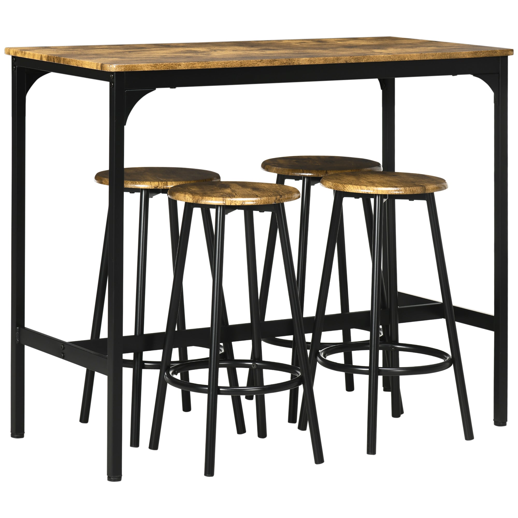 5-Piece Bar Table Set, 4 Bar Stools Industrial Design Rustic Brown Metal