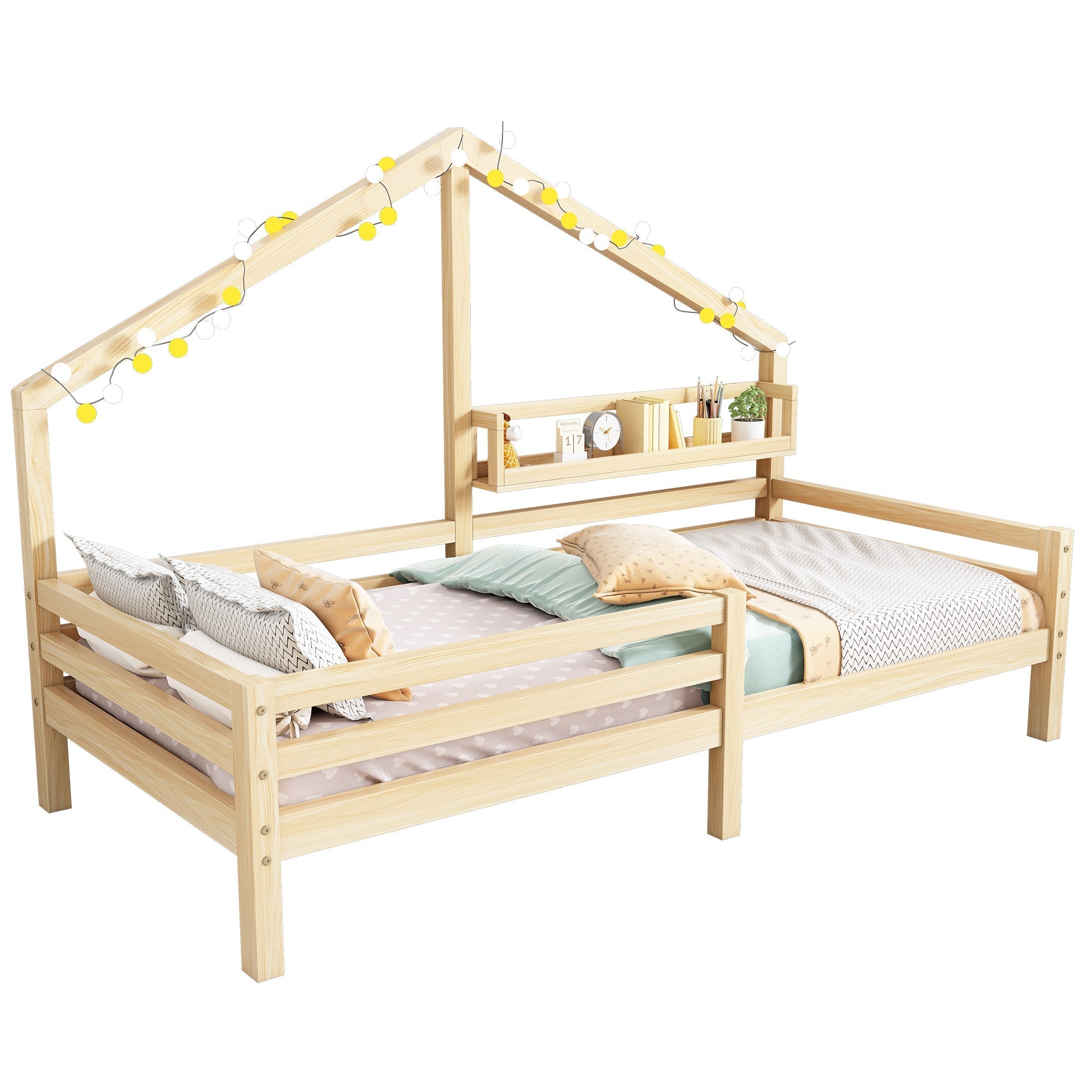 House Bed 90x200cm Storage Shelf Fireplace Shape - Natural