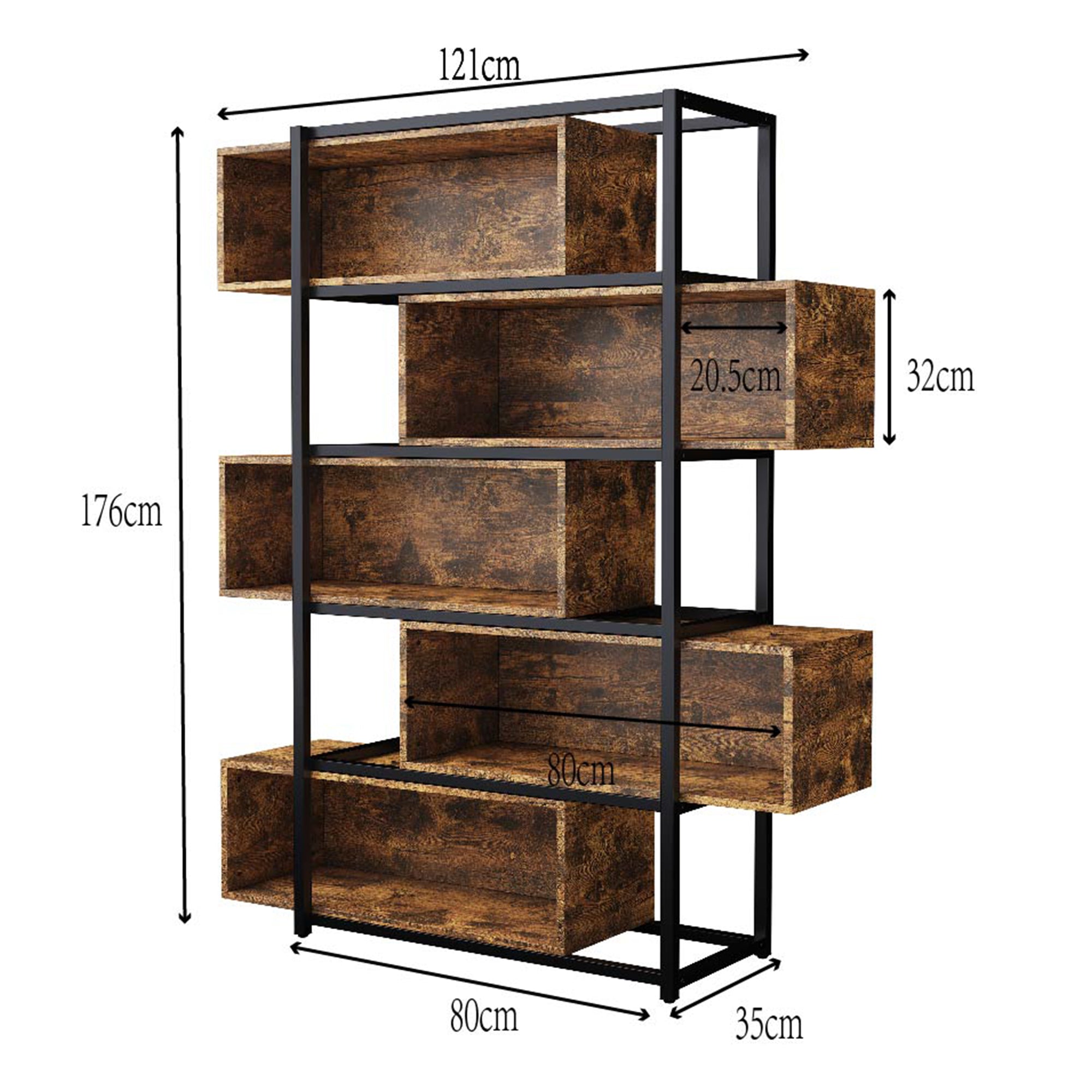 Bookshelf, 5 Tier with Shelves, Brown Wood Grain & Black Steel