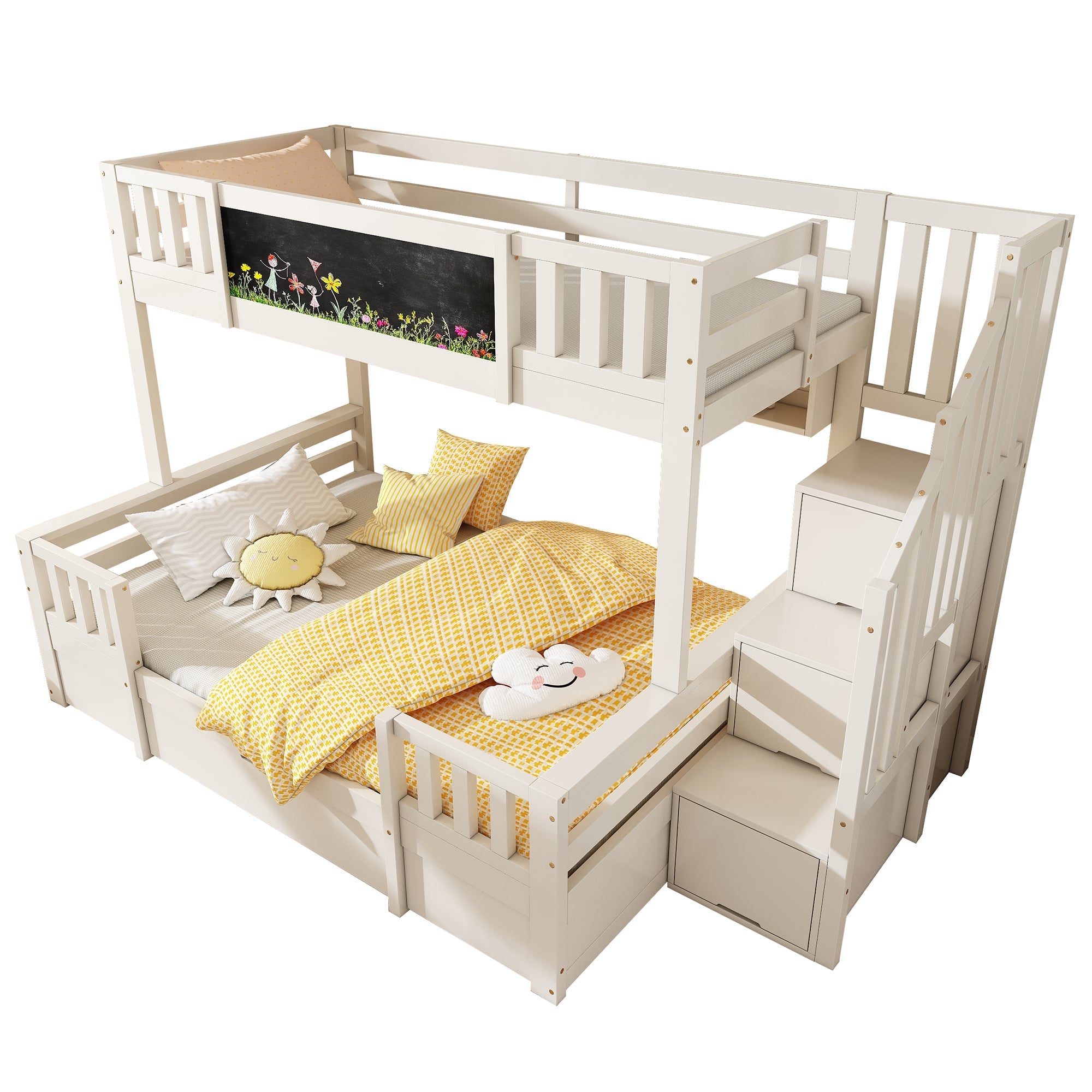 Bunk Bed for 3 Children with Chalkboard, Storage Stairs and Drawers, White Solid Wood