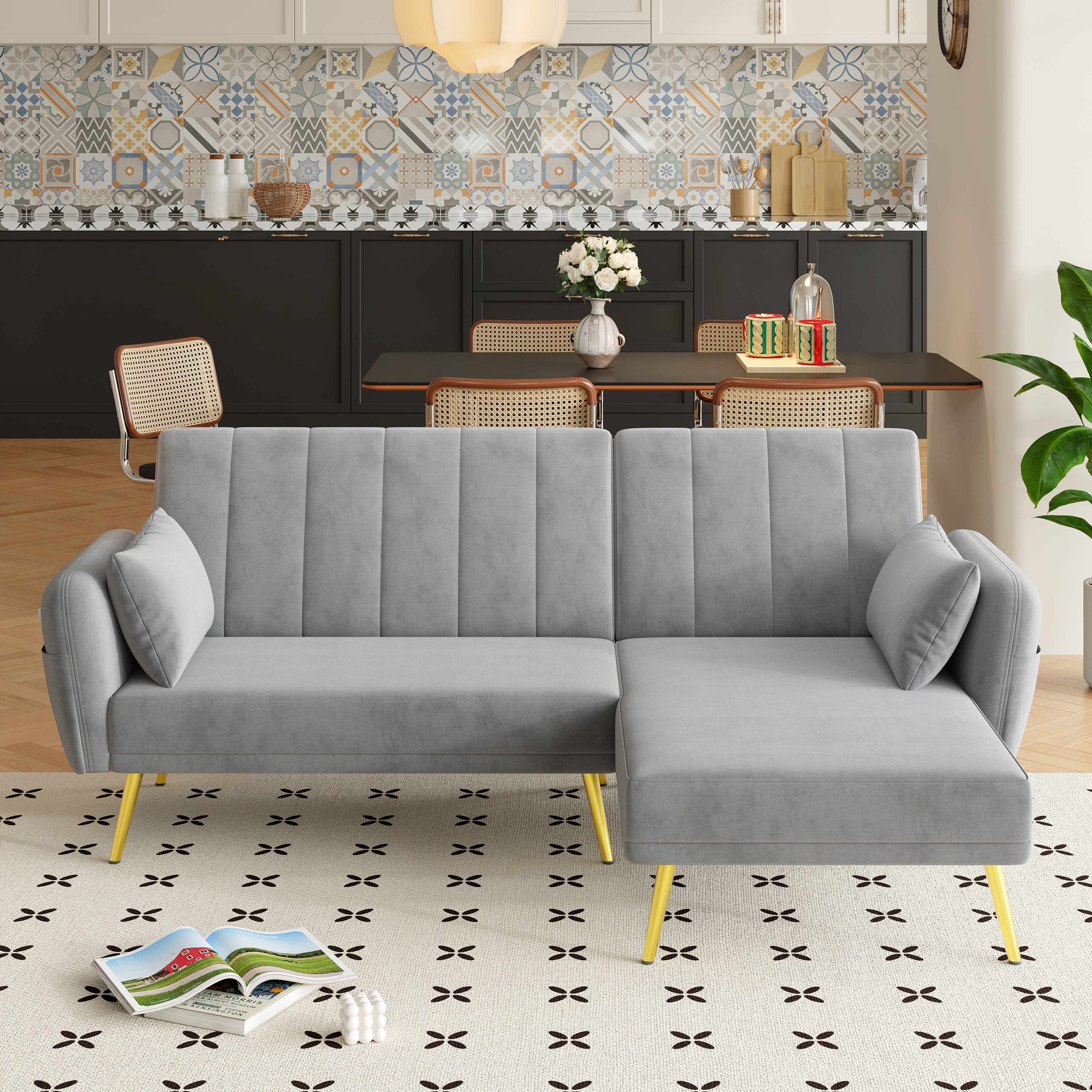 Modern L-Shaped Fold-Out Sleeper Sofa with 3-Position Adjustable Backrest, Velvet