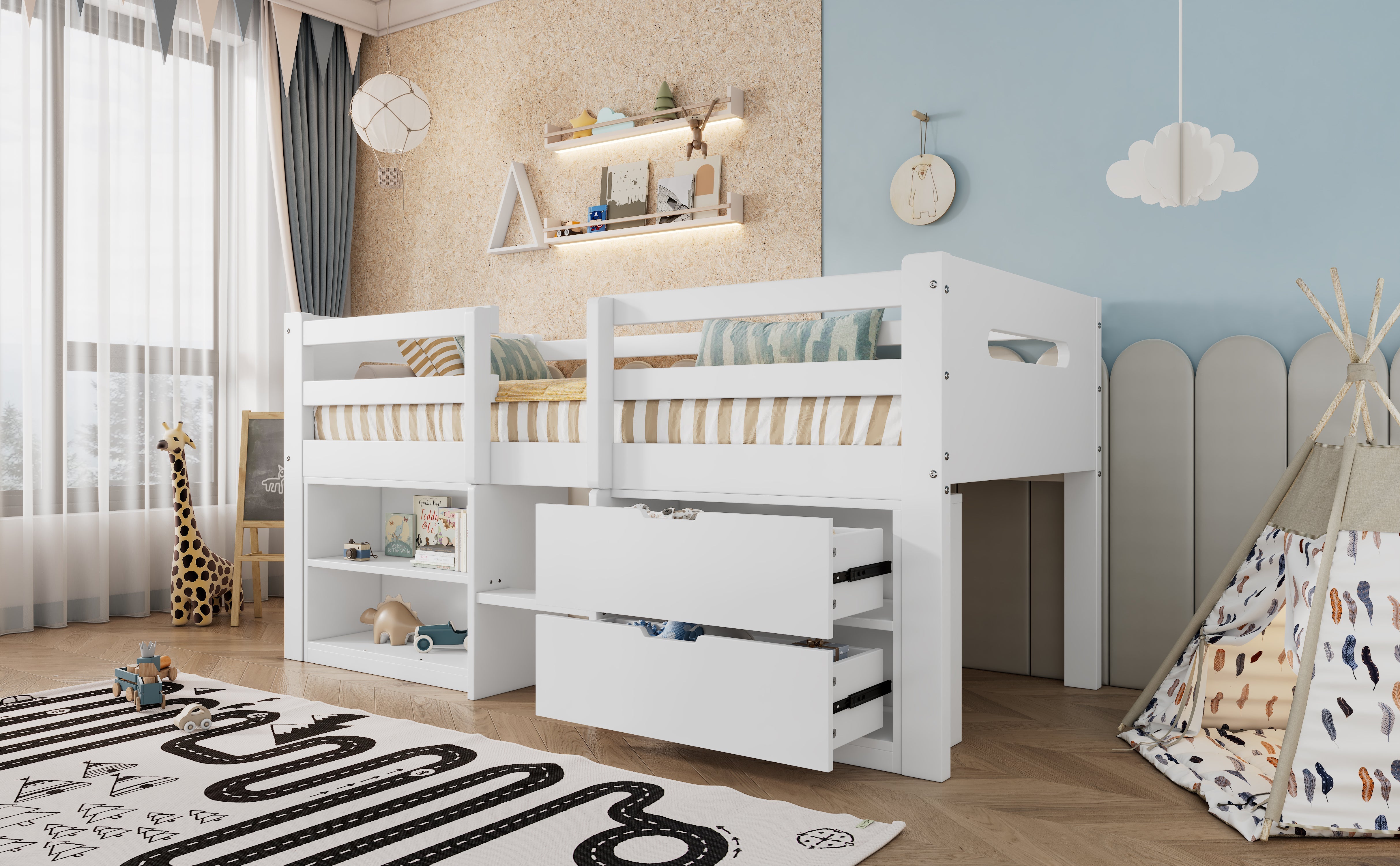 Wooden Storage Bed, 3ft Single with Drawers and Safety Guardrail, White