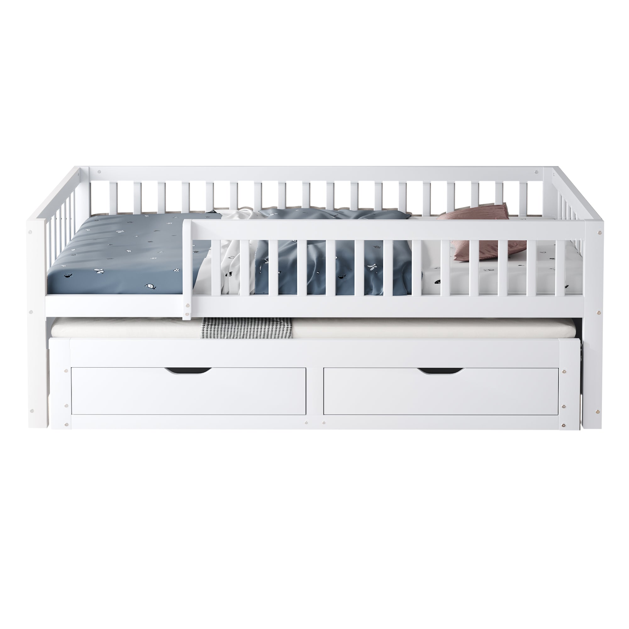 Solid Wood Sofa Bed, Pull-Out 90x200cm Safety Rail Storage, White