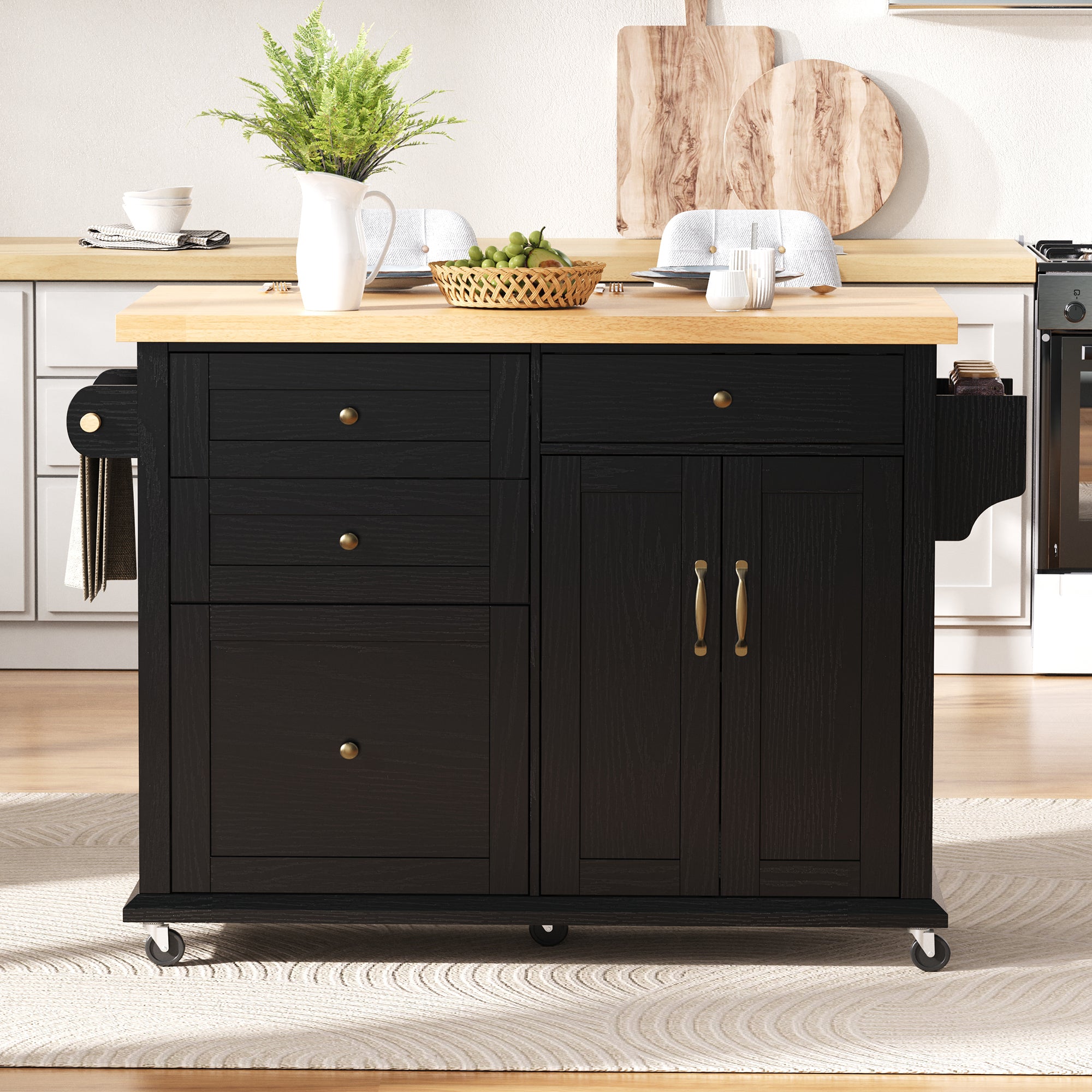 Mobile Kitchen Island, Extendable Table and Multifunctional Drawers, Black