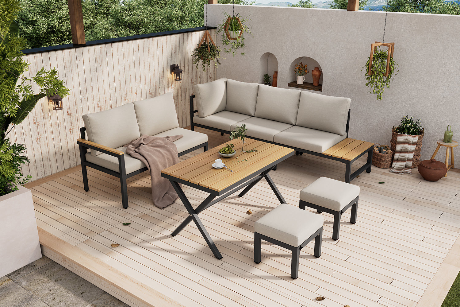 Garden Dining Furniture Set with Corner Sofa, 2 Stools and Table, Grey Galvanized Steel