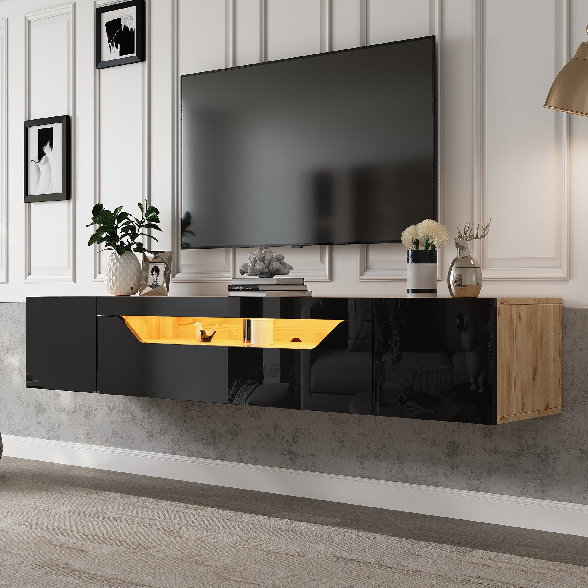 TV cabinet, 3 storage compartments, lowboard, floating wall board, LED light, wall-mountable, suitable for 75-inch TVs, black and wood color