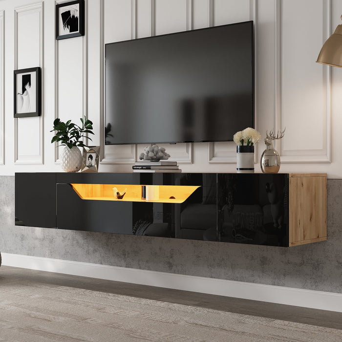 TV cabinet, 3 storage compartments, lowboard, floating wall board, LED light, wall-mountable, suitable for 75-inch TVs, black and wood color