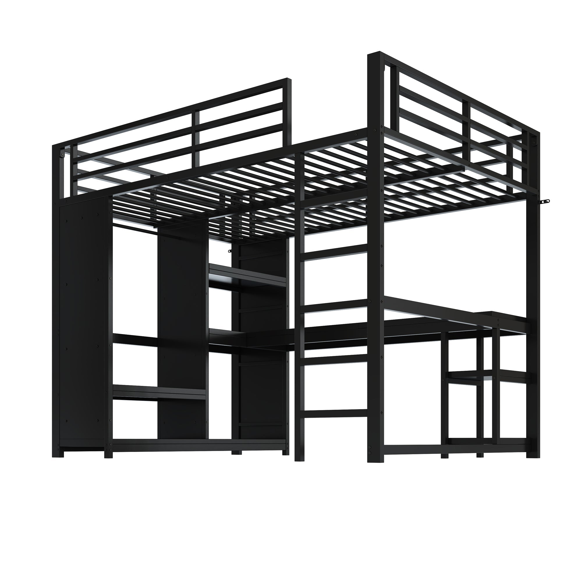 Metal Gaming Loft Bed 140x200 LED Desk Wardrobe Storage - Black