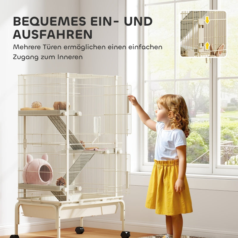 Kleintierkäfig, 4 Ebenen mit Futternapf und Trinkflasche, Beige
