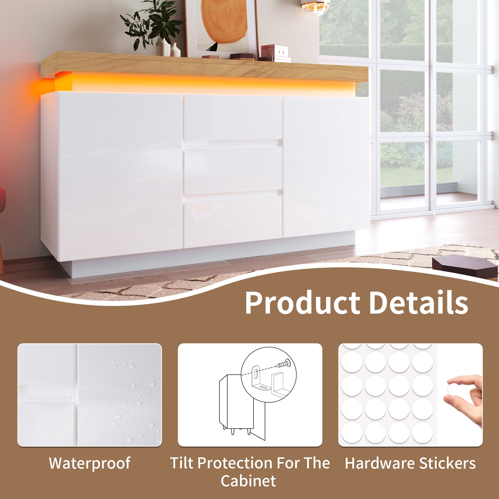 Chest of Drawers, High-gloss Sideboard Cabinet with 2 Doors and 3 Drawers, RGB LED Storage, White