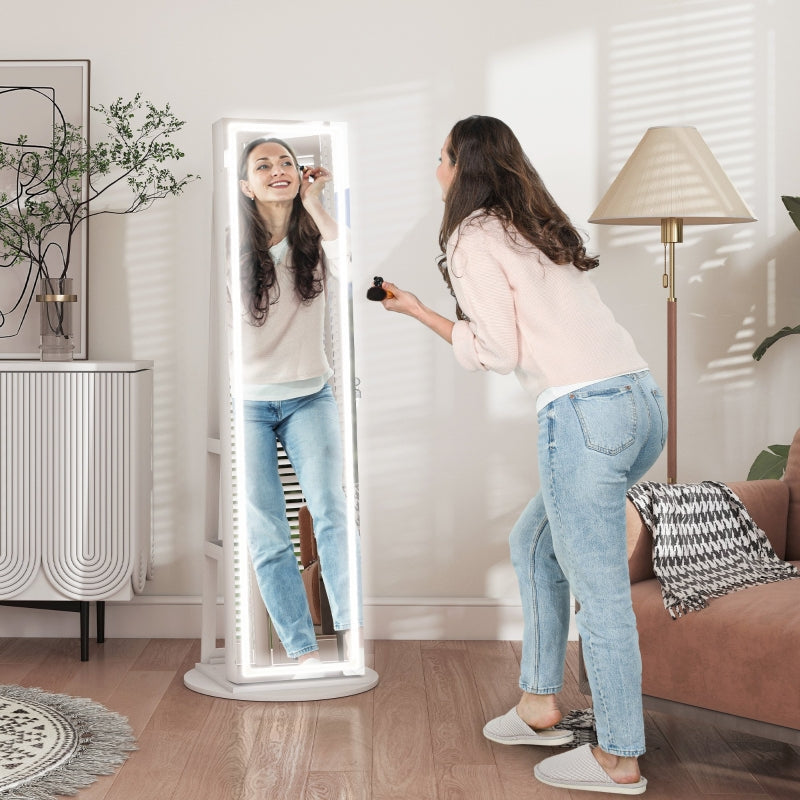 360° Swivel Mirror Jewellery Cabinet, LED Lights Lockable Storage Full Length, White